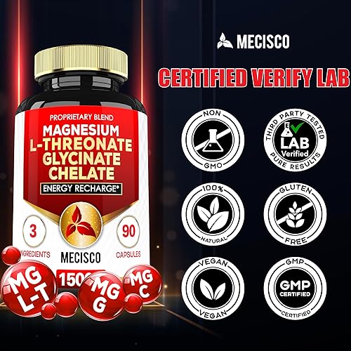Miniatura 6 de Suplemento L-treonato de magnesio de 1500 mg con bisglicinato de magnesio y quelato de magnesio  Apoyo complejo 3 en 1 para una mente cómoda, salud