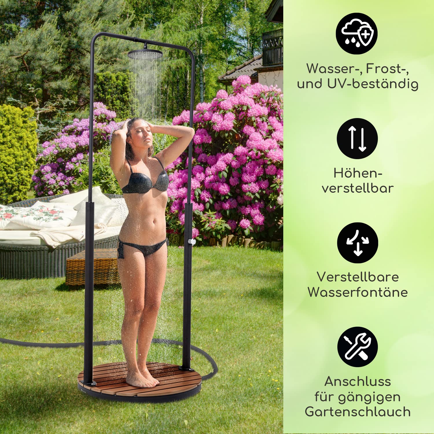blumfeldt Mobile Gartendusche, Aussendusche für den Garten, Bodendusche mit Verstellbarem Duschkopf, Boden-Gartendusche mit Holz-Optik für Pool & Sauna, Außendusche Wasserdicht, Frost- & UV-Beständig