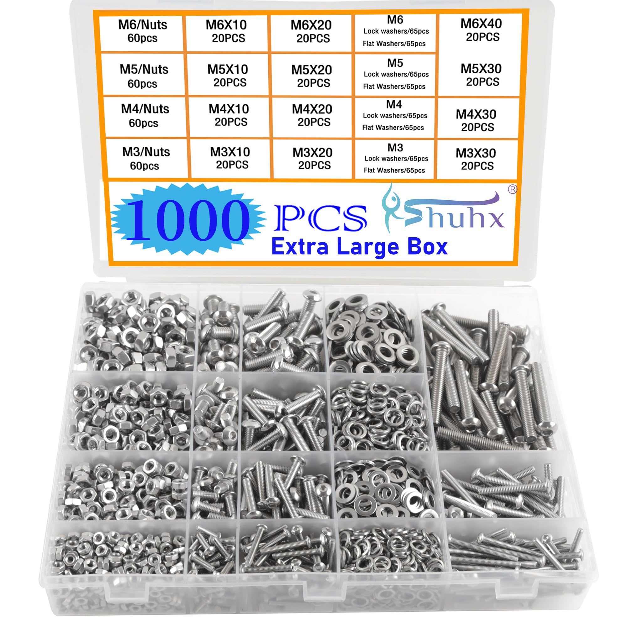 Rshuhx Ext Large Nuts and Bolts Sets M3 M4 M5 M6 1000pcs Round Head Allen Bolt 304 Stainless Steel Mechanical Screws Washers Nuts and Bolts Assortment Kit With Storage Box Hexagonal Wrench