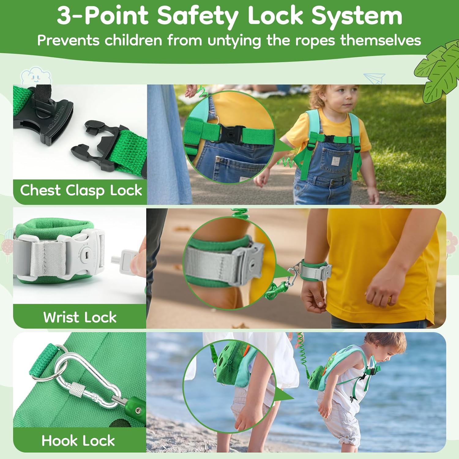 3 in 1 Toddler Harness Leash + 8.2ft Anti Lost Wrist Link, Cute Dinosaur Kids Safety Harness Tether with Key Lock, Child Protective Leashes While Walking for Outdoor Activity Keep Kids Close - Image 3