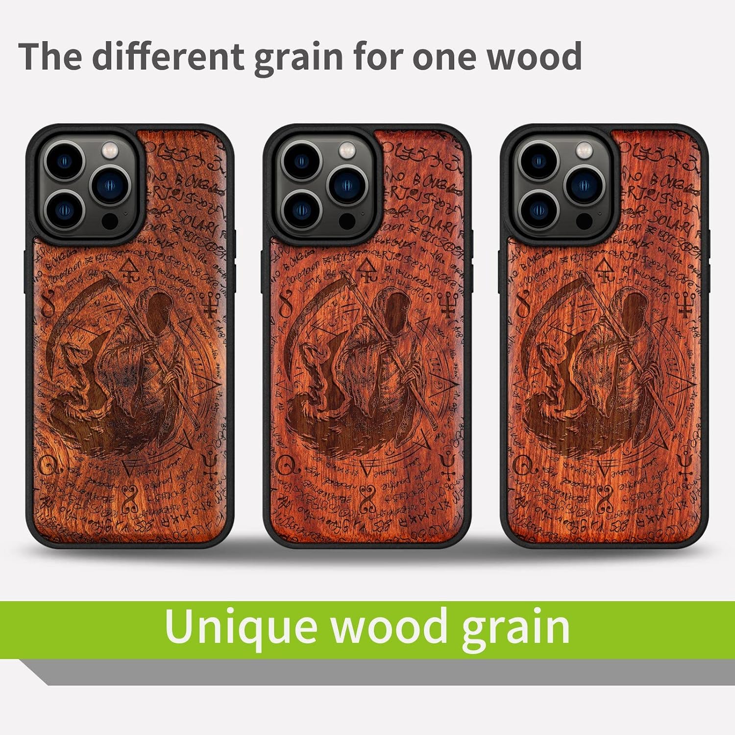 Carveit Magnetic Wood Case for iPhone 14 Pro Max [Natural Wood & Black Soft TPU] Shockproof Protective Cover Unique Wooden Case Compatible with magsafe (The Grim Reaper of Carved -Rosy)
