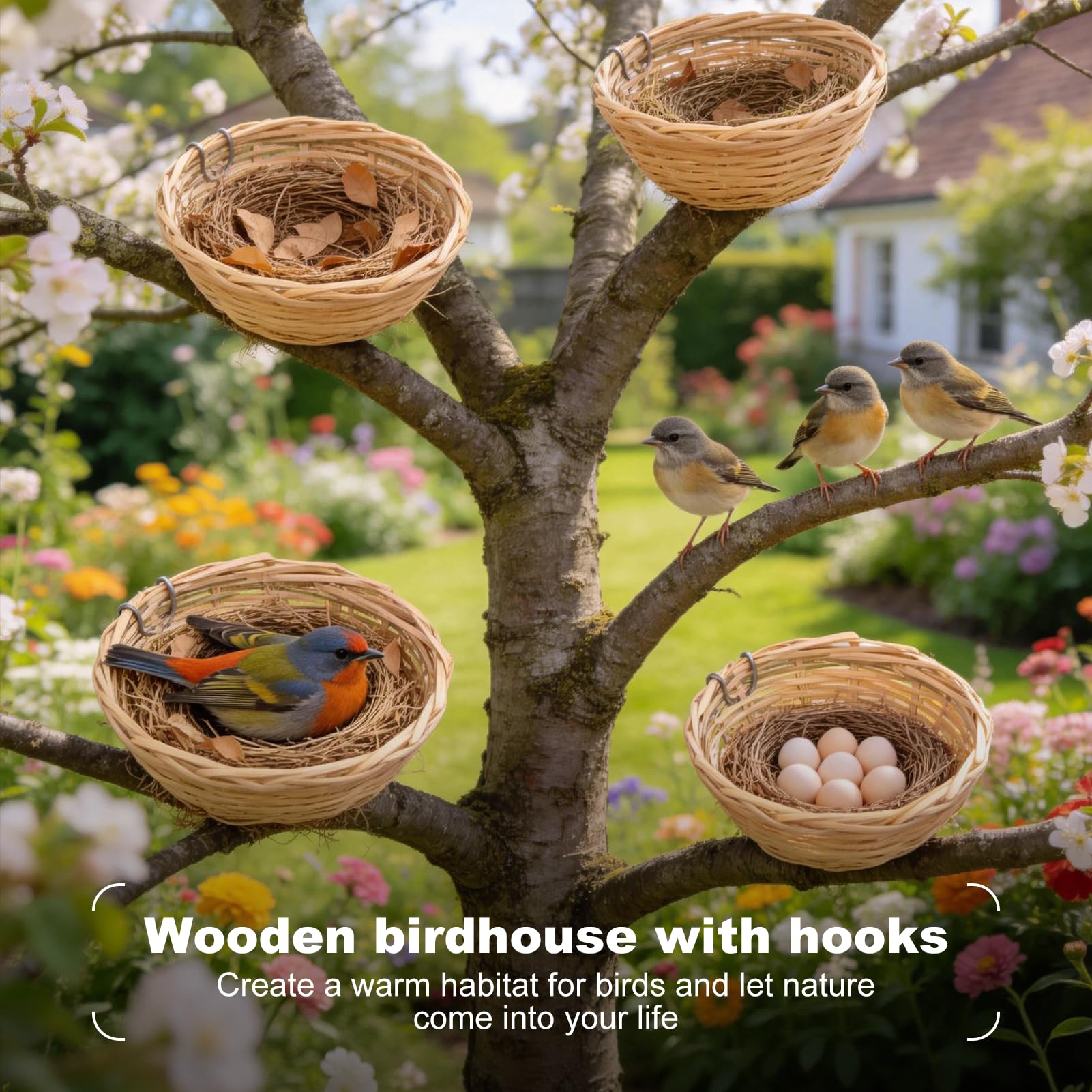 4 Pièces Nid D'oiseau Fait à la Main Maison D'oiseau Robuste Et Naturel en Bambou Nid D'oiseau Fournitures pour Oiseaux Cage à Oiseaux avec Crochet pour Petits Perroquets Canaris Calopsittes