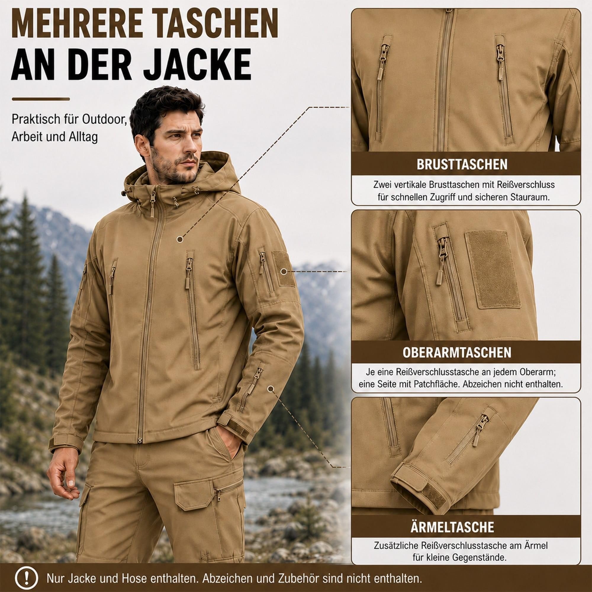 Taktischer Anzug Herren Set Jacke+Hose, Wasserabweisend, für Jagd Airsoft | robuste Qualität, winddicht, 16 Taschen (6+10), wasserabweisend 5000MM, für Militär Training Paintball Camping Angeln