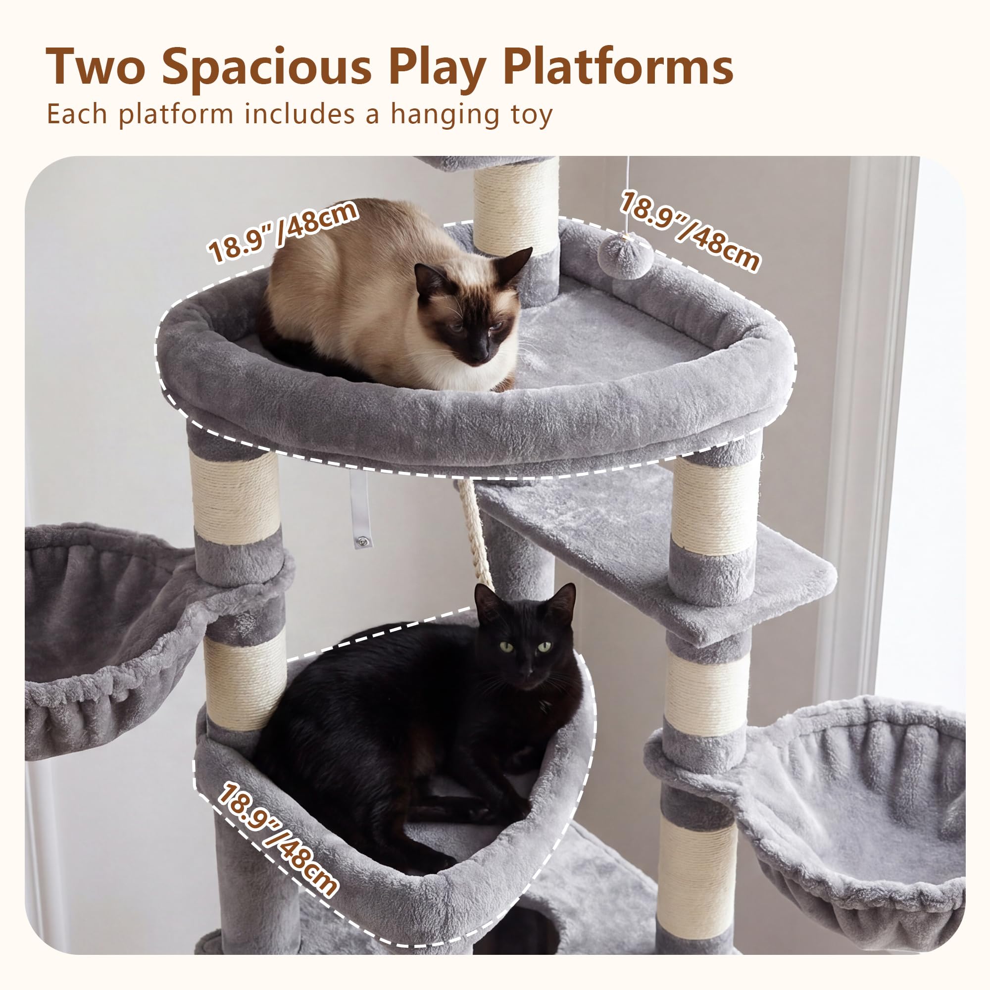 Heybly Árbol para Gatos XXL 210 cm, Torre Rascador Alta para Gatos Grandes de Interior, Condominio con 2 Cestas, Cueva, Plataformas y Tabla de Sisal, Gris Claro HCT063W