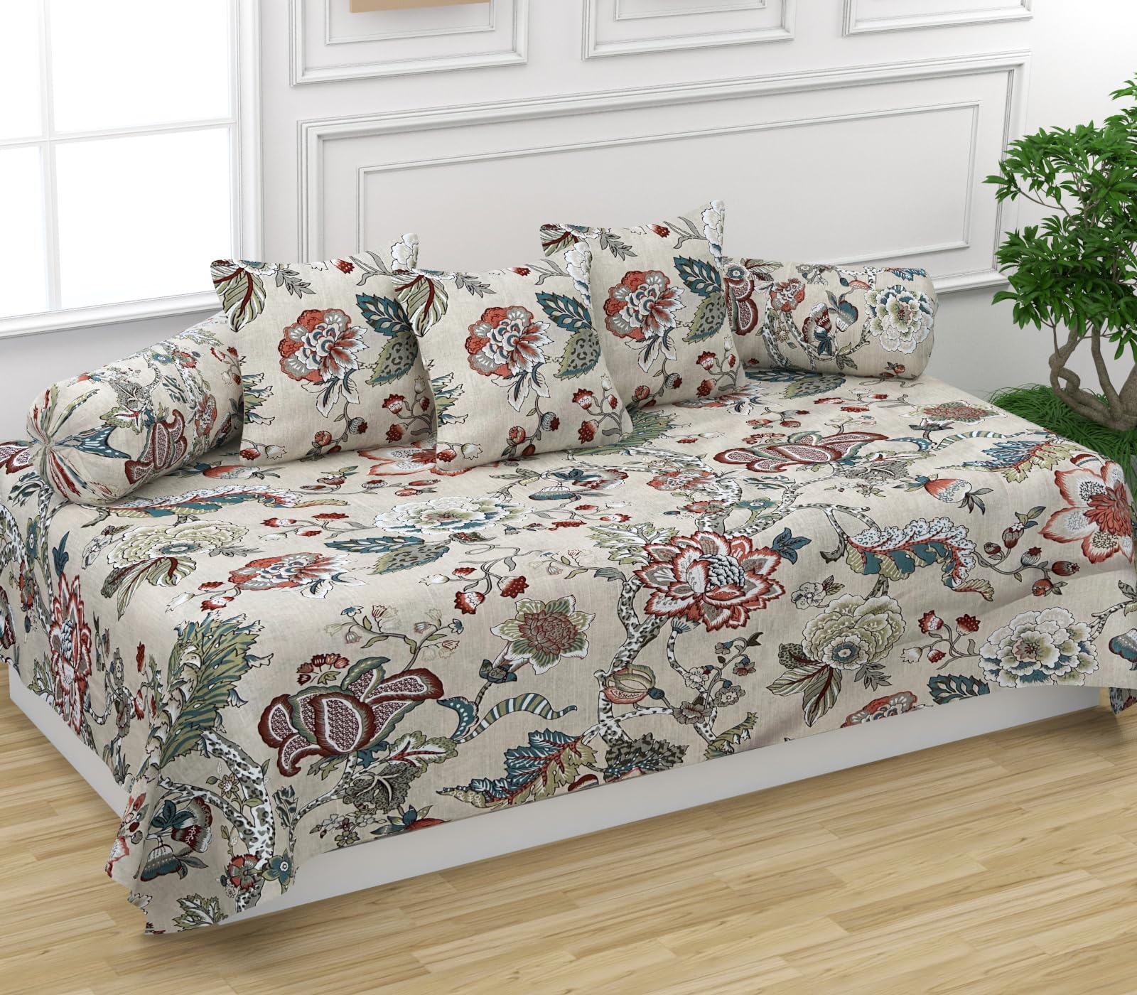 Trance Home Linen 144TC Diwan Set Cotton 6 Piece | Deewan Printed Bedsheet Sets (Set of 6 Pc,1 Bed Sheet 54x88 Inch | 2-Bolster Cover 16x32 Inch | 3-Cushion Cover 16x16 Inch) Malhaar Beige-picture-15