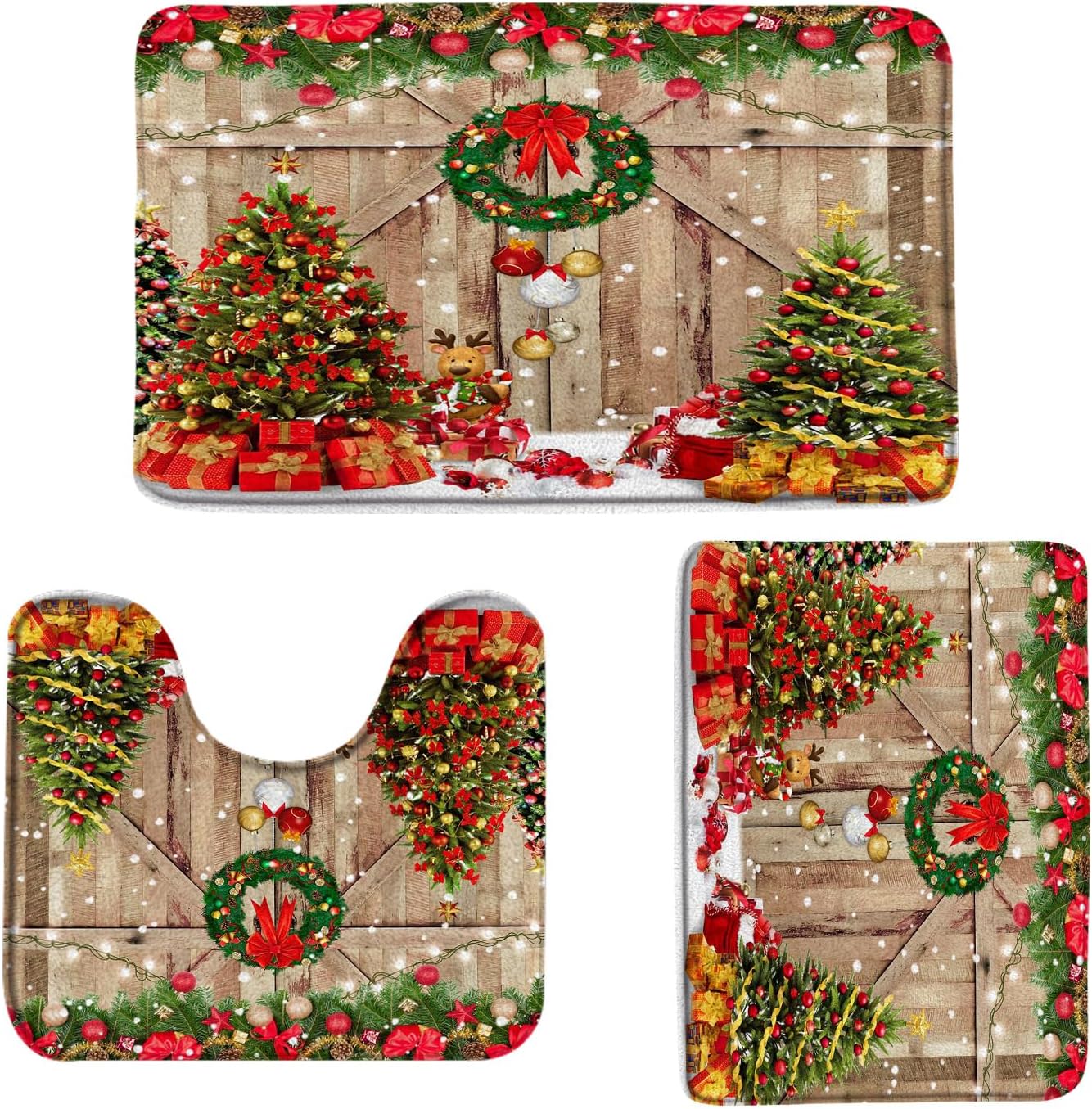 3 Pieces Farmhouse Christmas Bath Mat Set Winter Xmas Tree Bathroom Home Decor Wooden Barn Door Country Vintage Snowflake New Year Holiday Bathroom Rug Toilet Bedroom Laundry Kitchen Mat