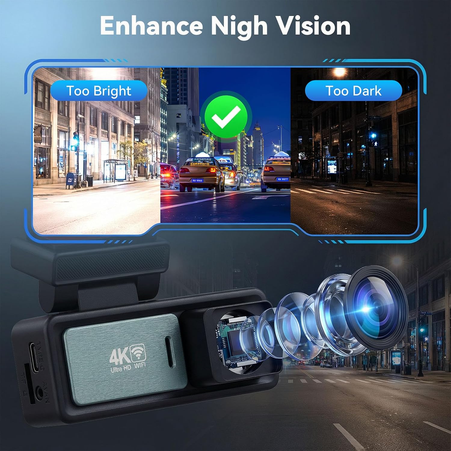 Visual comparison demonstrating the enhanced night vision capabilities of the SIXTOP dash cam, showing clear recording in both bright and dark environments.