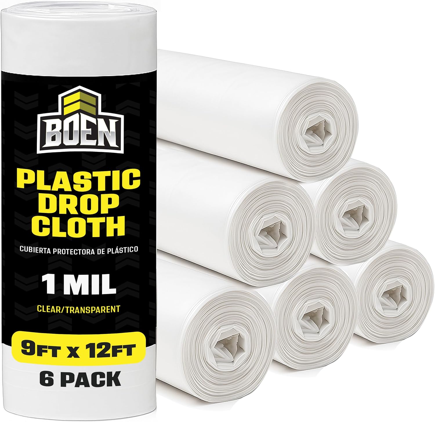 BOEN 9x12 Clear Plastic Drop Cloth – 6-Pack 1 Mil Painters Plastic Sheeting – Waterproof Paint Cover for Furniture, Floor, Window & Dust Protection – Disposable Plastic Tarp for Painting & Renovation