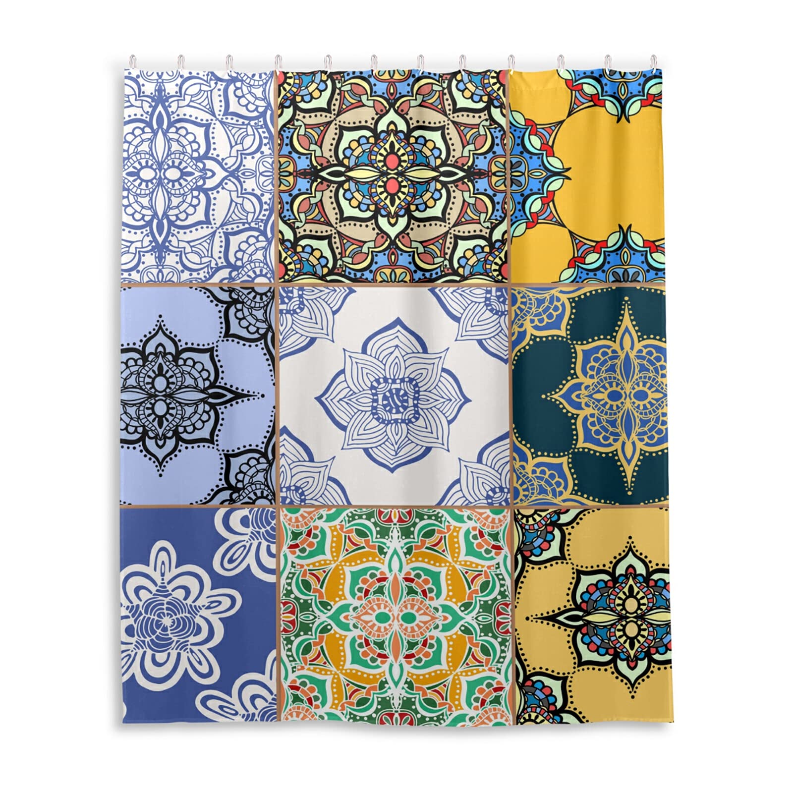 Tribal Moroccan Portuguese Tiles Ornaments Blue White Yellow Pattern Waterproof Shower Curtain, Machine Washable Polyester Cloth with 12 Hooks, No Smell Bath Tub Stall Curtain Liner 48"(W) x72(H)