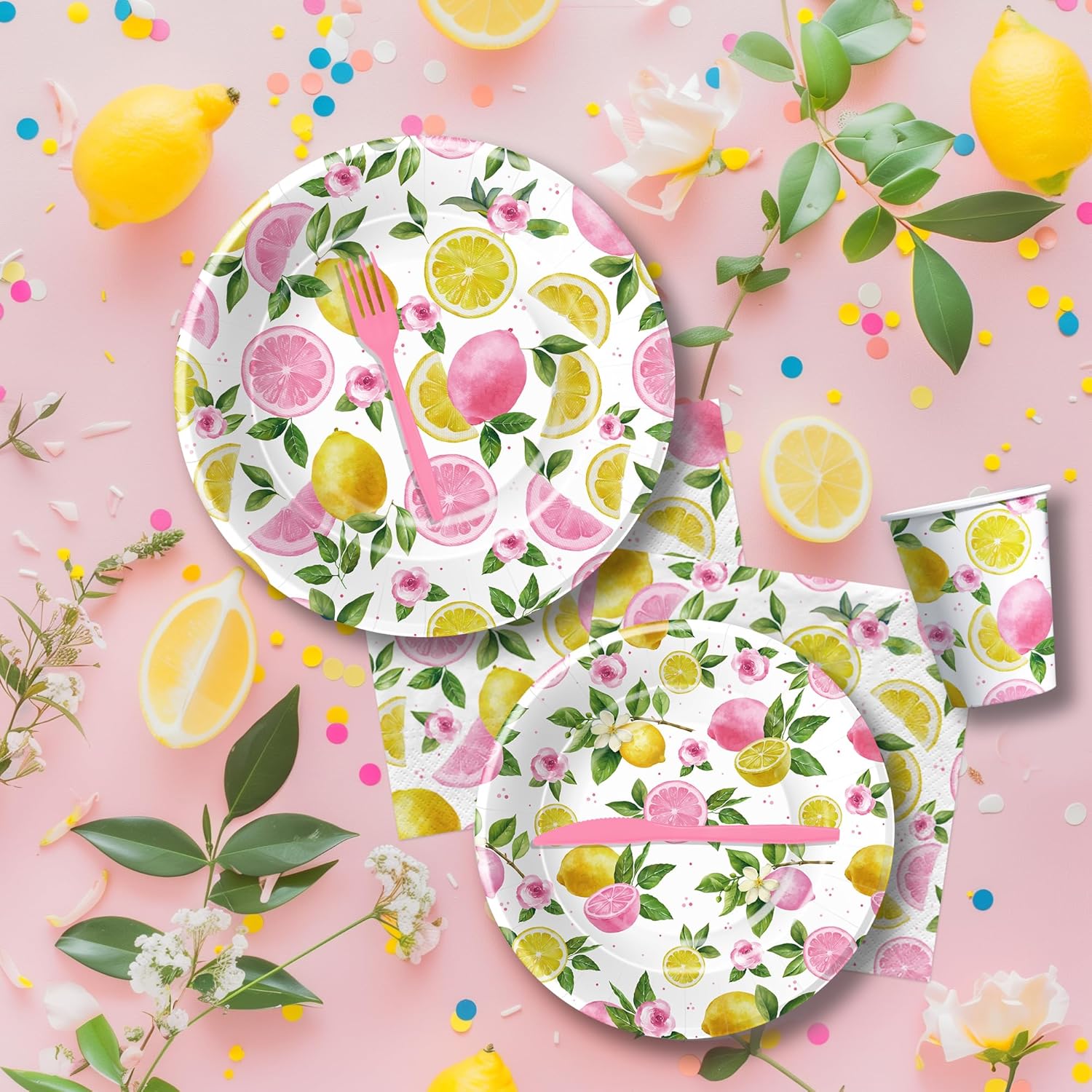 Lemon Party Decorations Tableware For Girls, Summer Pink Lemon Birthday Party Supplies, Disposable Paper Plate, Napkin, Cup, Cutlery, for Birthday Baby Shower Bridal Shower, 24 Guests image 7 of 7 B0D3CTQYJ9