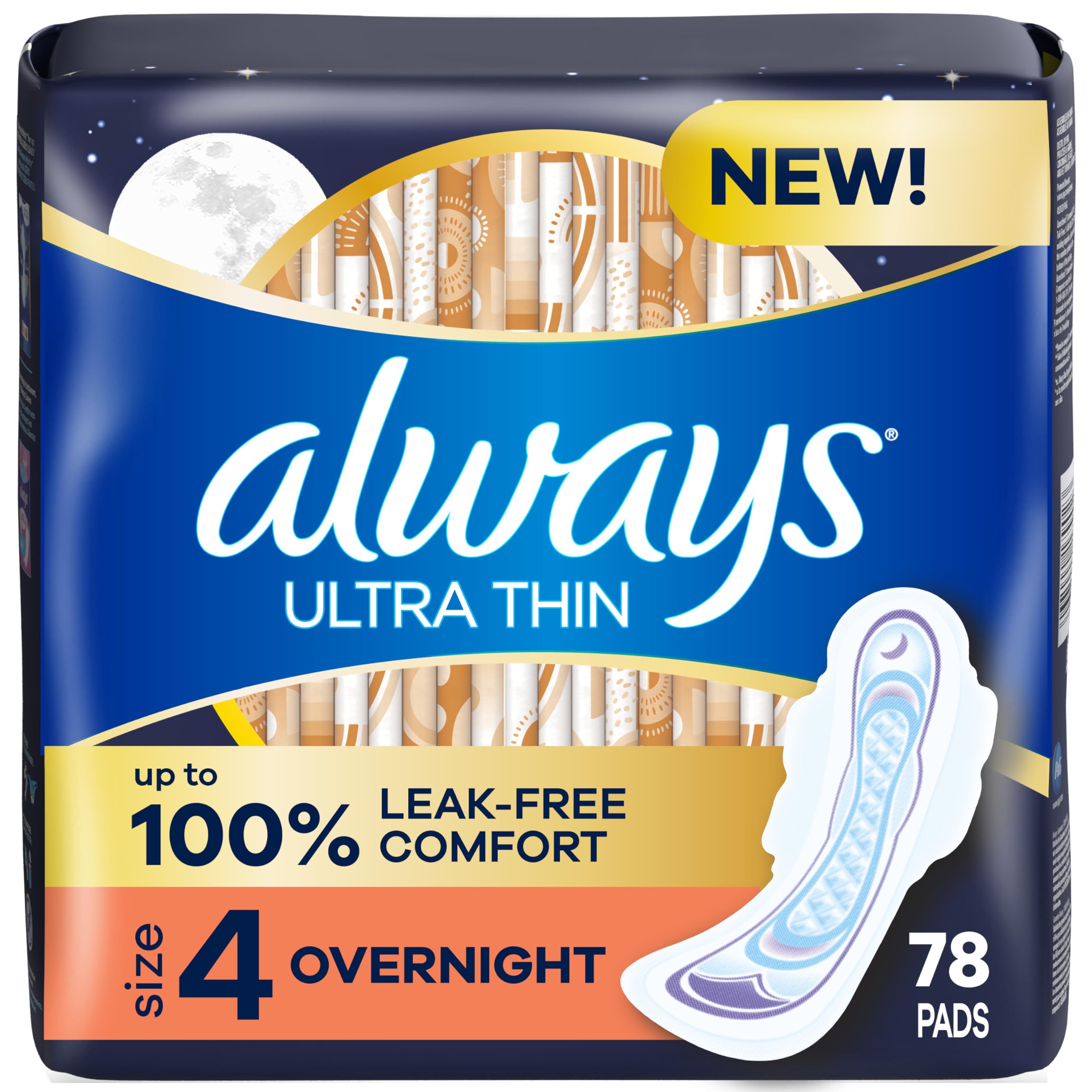 AlwaysUltra Thin Feminine Pads with Wings for Women, Size 4, Overnight Absorbency, Unscented, 26 Count x 3 Packs (78 Count total)