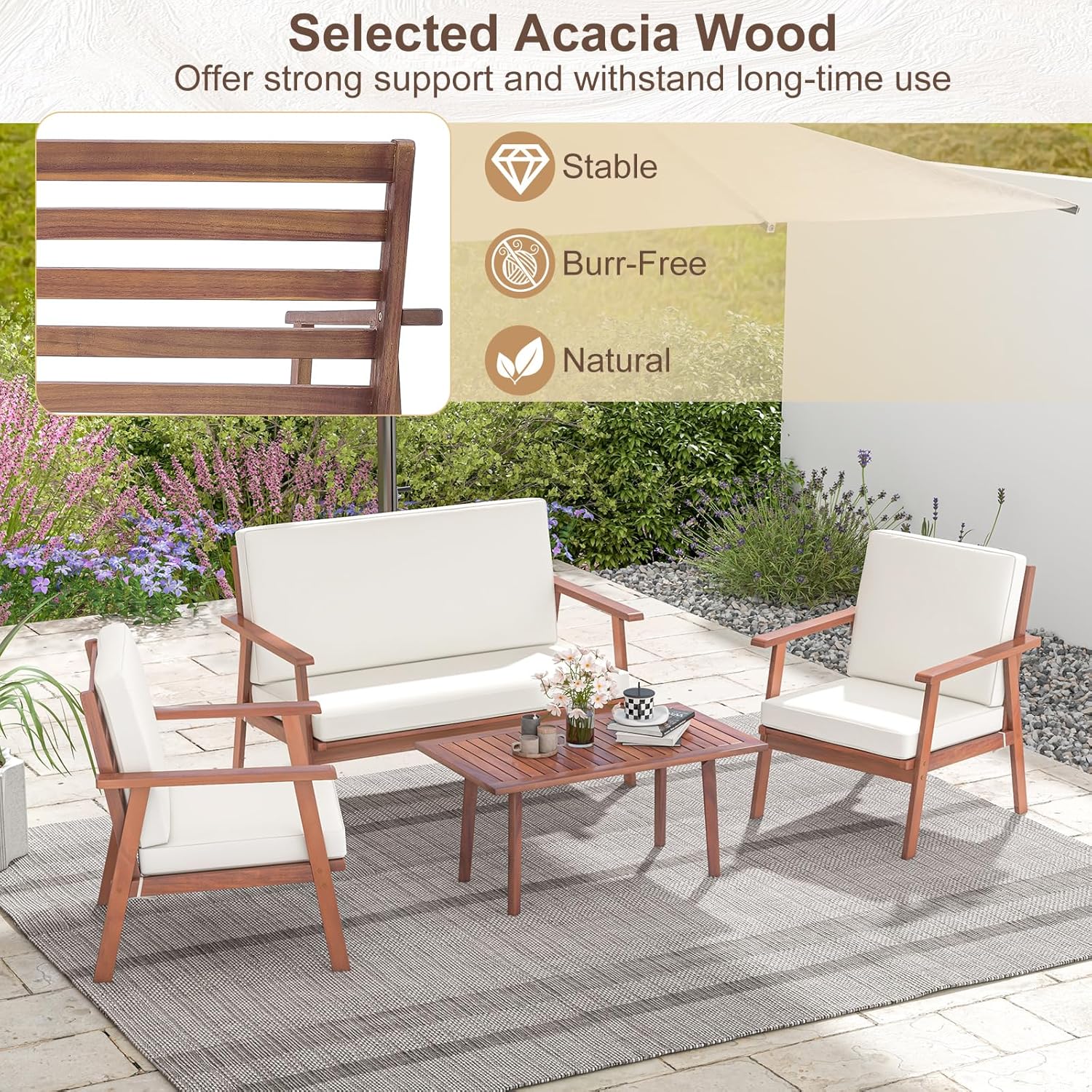 Tangkula 4 Piece Outdoor Conversation Set, Acacia Wood Sofa Set with Soft Seat & Back Cushions, Rectangle Coffee Table Patio Wood Furniture Set for Backyard, Poolside, Garden (1, Off White)