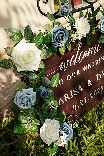 Miniatura 9 de PONATIA Guirnalda de flores artificiales de rosas hechas a mano de 5 pies, guirnalda de flores azul polvoriento y follaje para ceremonia de boda,