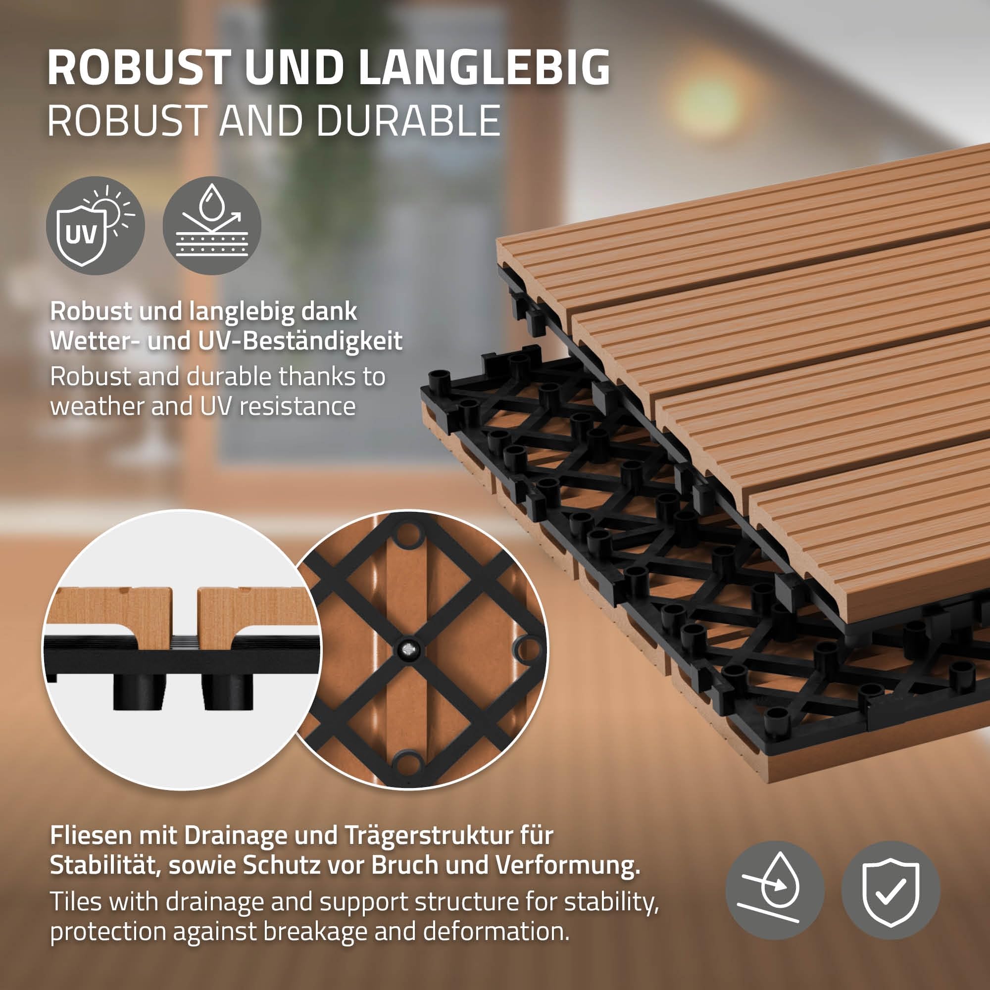 ECD Germany Dalles Terrasse Clipsables WPC 60x30 cm/6 pièces=1m² Marron Clair Strié Aspect Bois Panneaux avec Système à Clic et Drainage Revêtement de Sol Carrelage Lames Patio Jardin Extérieur