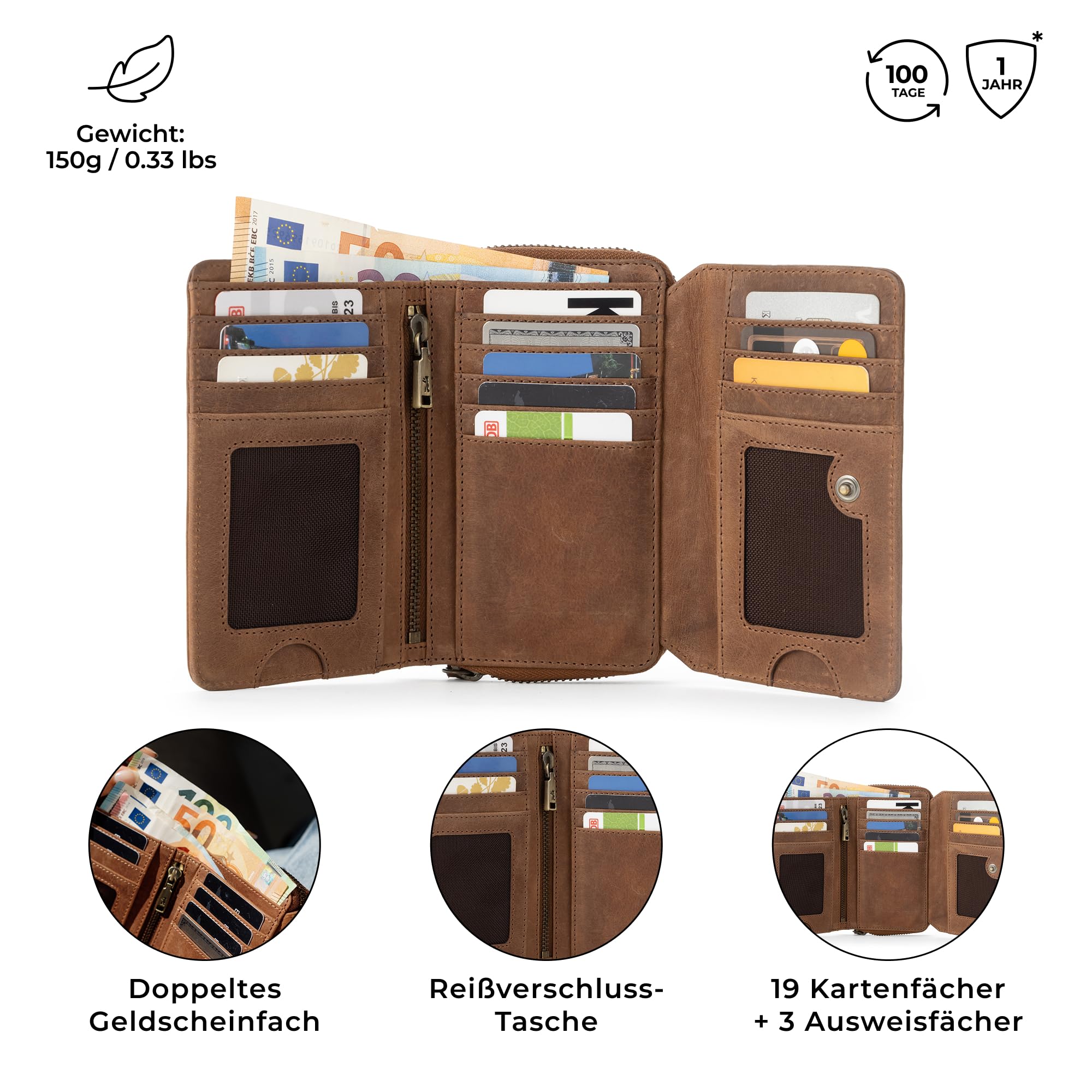 Berliner Bags Vintage Geldbörse Vienna, Große Portemonnaie, Geldbeutel aus Leder mit RFID Schutz, inkl. Geschenk-Box, für Damen - Braun