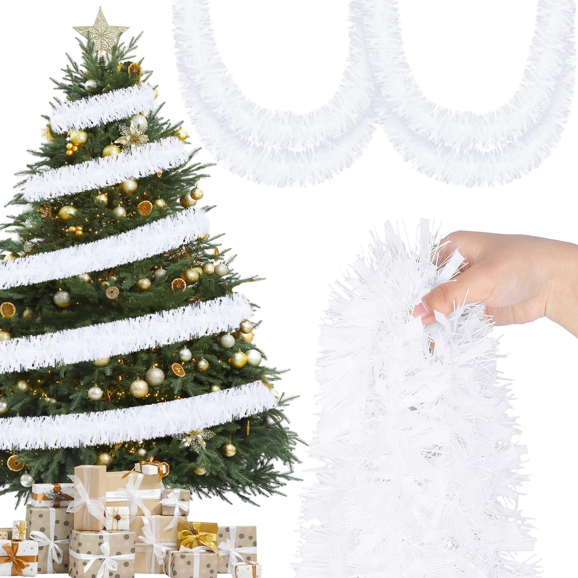 Vivantia 12M Tinsel Garland Metallic Twist Tinsel 9CM Thick Garland Hanging Decorations for Tree Wreath Wedding Events Party Supplies (White)