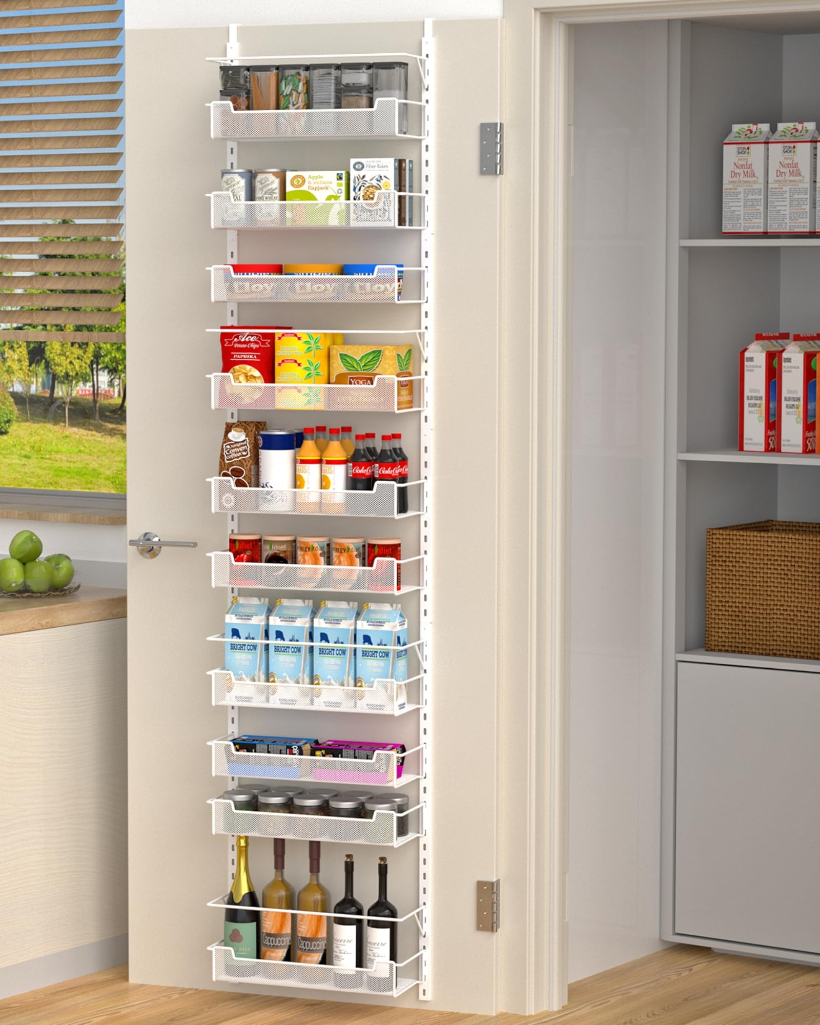 VyGrow Rangement au-dessus de la porte, 10 niveaux de rangement au-dessus de la porte avec panier réglable pour garde-manger, cuisine, salle de rangement, étagère à épices, blanc