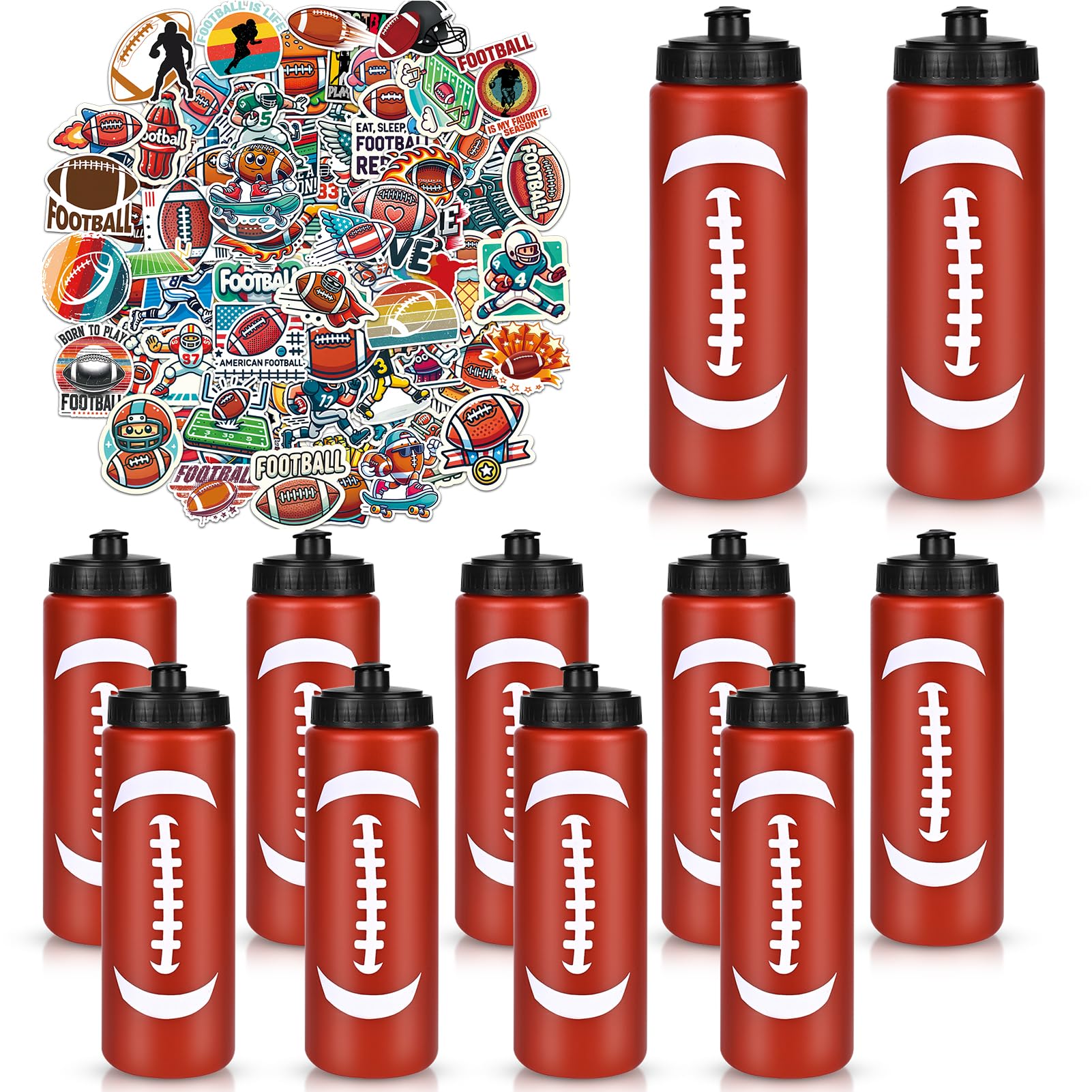 12 Pack Football Water Bottle Bulk with 300 PCS Football Stickers 20 oz Reusable BPA-Free Football Water Bottles