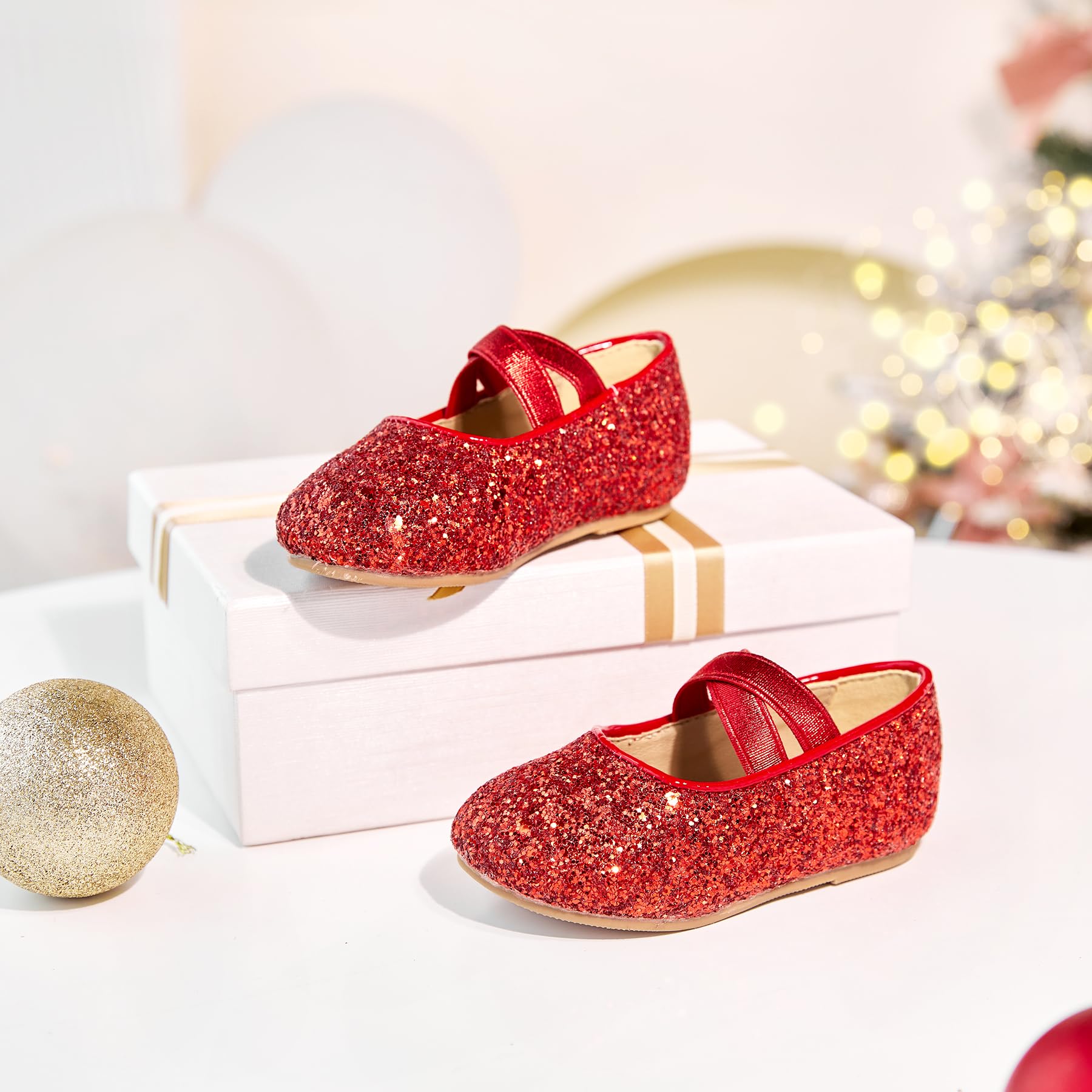 Felix & Flora Girls Toddler Little Ballet Shoes Size 10 - Flower Girls Mary Jane Flats Dress Shoes Party Wedding(Glitter Red,10 Toddler)