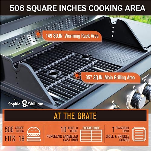 Miniatura 3 de Sophia & William Parrilla de barbacoa de gas de 4 quemadores con quemador lateral y rejillas de hierro fundido esmaltado de porcelana, parrillas de