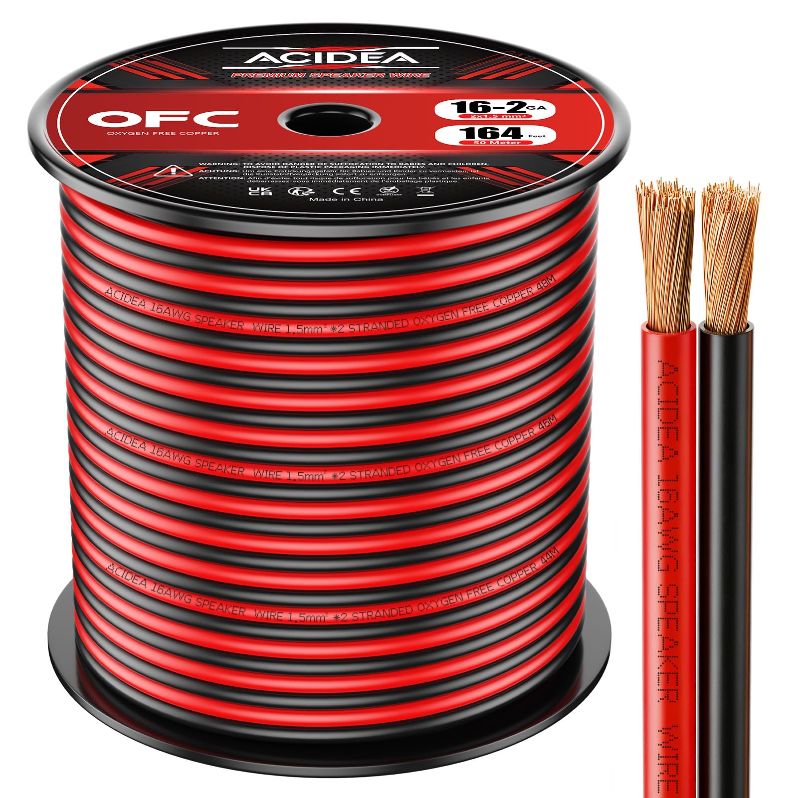 Acidea Cavo per altoparlante, calibro 16, 2 x 1,5 mm², 50 m, in rame puro