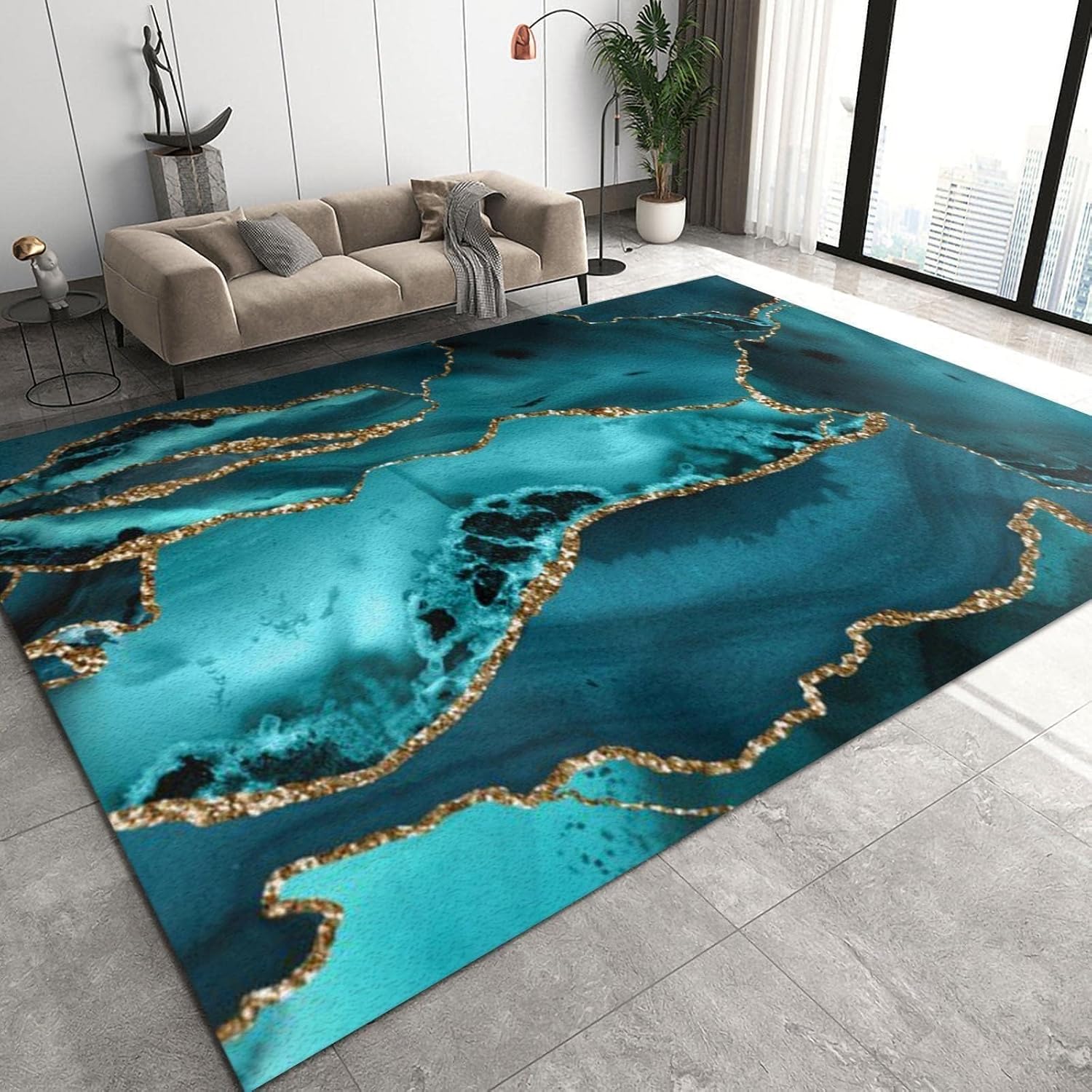 Turquoise Gold Edge Marble Area Rug, Abstract Marble Light Luxury Living Room Rugs, Indoor Non-Slip Kids Rugs, Machine Washable Breathable Durable Carpet for Front Entrance Floor Decor,2 x 6ft