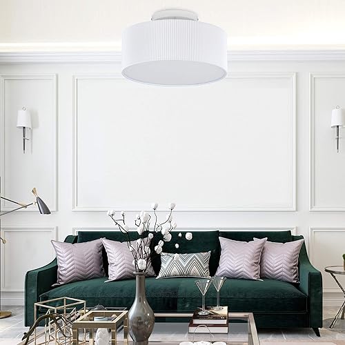 Miniatura 7 de SomSom Lámpara de techo, 15 pulgadas, moderna, de tela a rayas, montaje empotrado, pantalla de tambor grande, lámparas para dormitorios, cromo mate