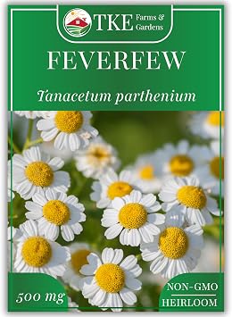 TKE Farms & Gardens - Feverfew Seeds for Planting, 3000+ Heirloom Non-GMO Medicinal Herb Seeds, Grow Indoors or Outdoors, Easy to Follow Instructions Included, Chrysanthemum parthenium