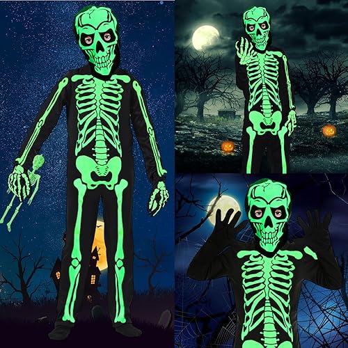 Miniatura 6 de Kitimi Disfraz de esqueleto para niños que brilla en la oscuridad, enterizo de Halloween para niños y niñas con colgante de esqueleto