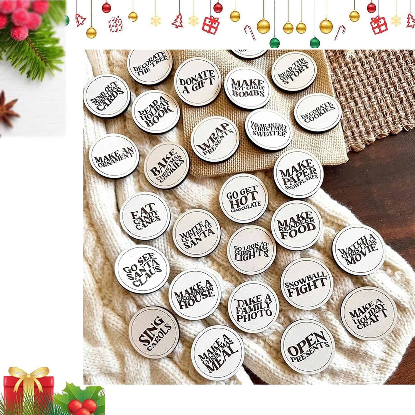 Fadaing Christmas Countdown Token Set, Christmas Advent Tokens, Countdown to Christmas with Coins, Wooden Christmas Advent Calendar Tokens (D) — image 1
