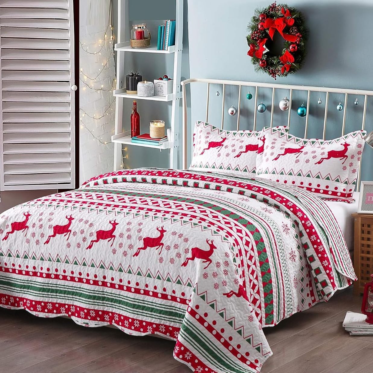 MarCielo 3 Piece Christmas Quilt Set Bedspread Throw Blanket for Kids Adult Teens Boys Girls Bed Printed Bedding Lightweight Coverlet Comforter Set, Snowflake (Full/Queen)
