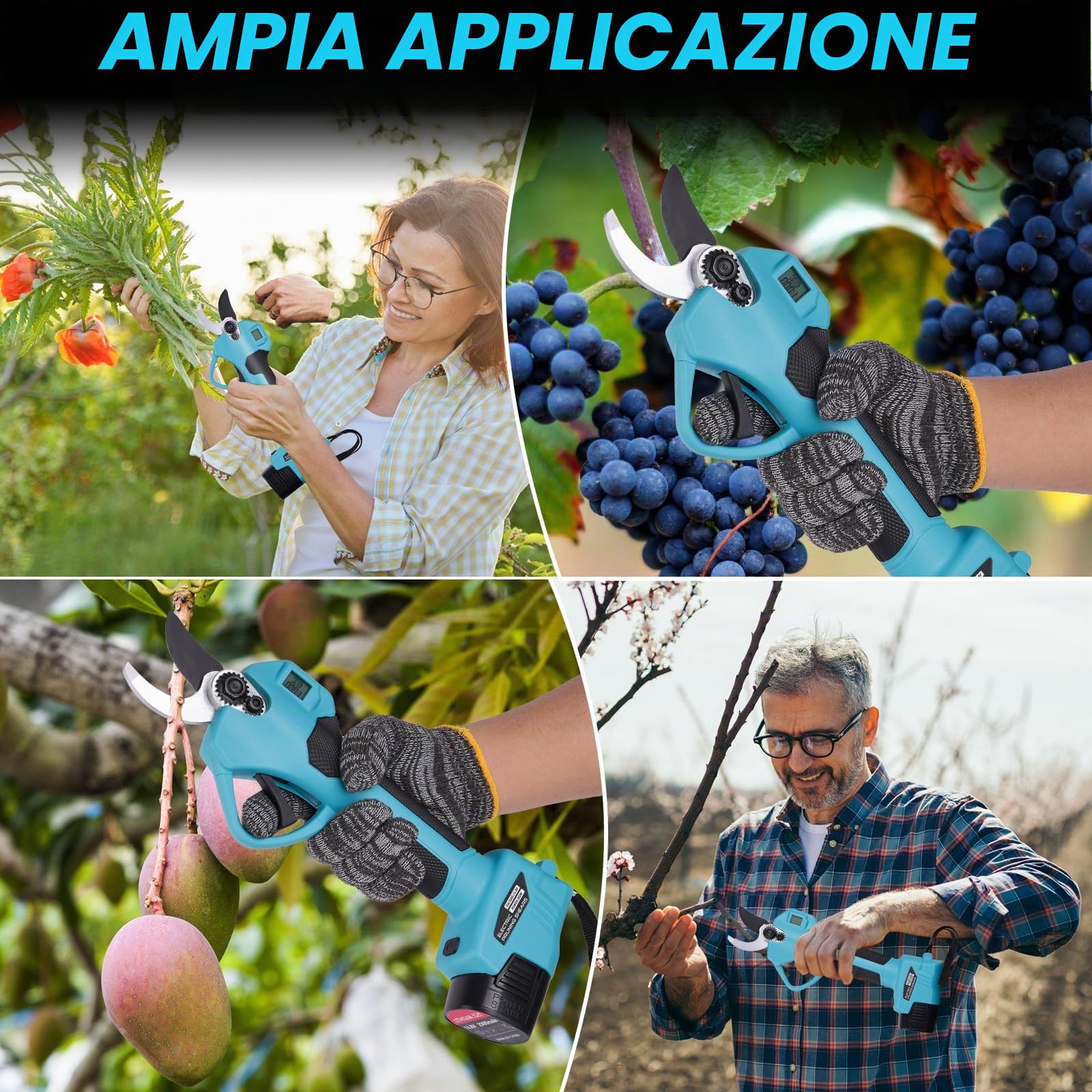 Forbici Potatura a Batteria 35mm 2 Batterie 21V 2.0Ah, Cesoie Elettriche con Motore Brushless, Lame SK5 Rivestite in PTFE per Giardino, Ulivi e Alberi da Frutto Blu