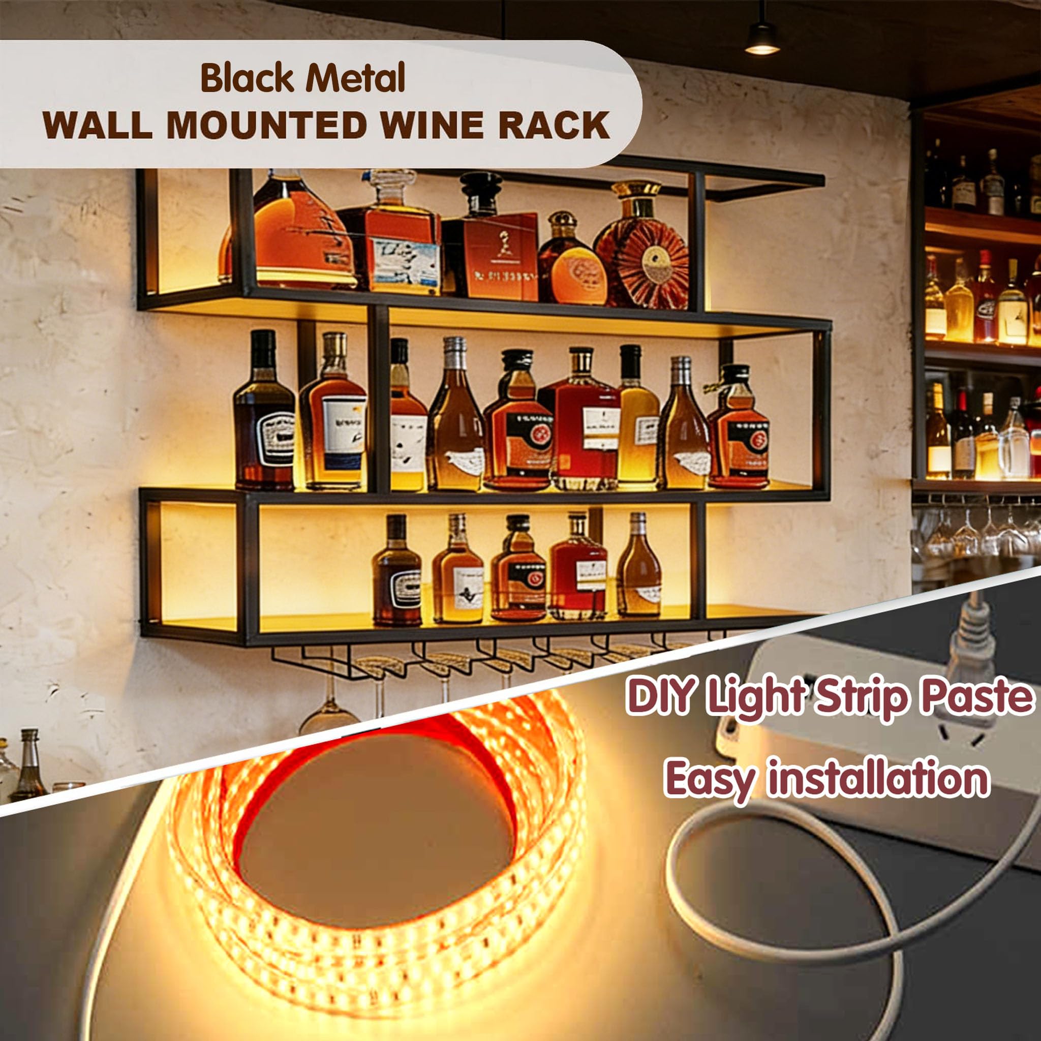 100cm Portabottiglie da Parete in Metallo, 3 Livelli Porta bottiglie Da Vino Con Ripiano Espositivo e Illuminazione LED, Mensola per vino Per Casa, Bar, Ristorante (180cm)