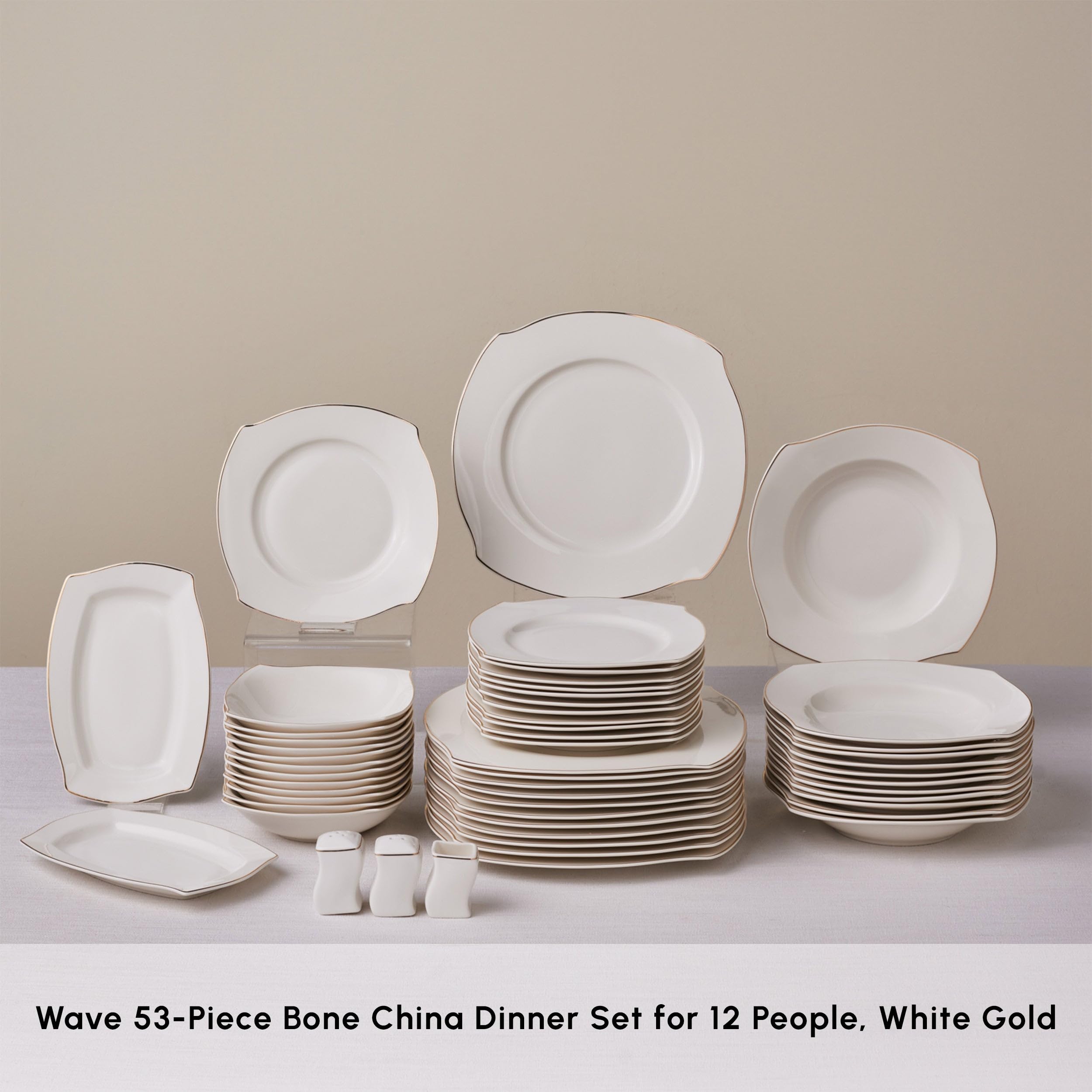 Karaca Wave 53-teiliges Tafelservice für 12 Personen, Edles Bone-Porzellan mit Tellern, Schalen, quadratischen Servierplatten, Salz- und Pfefferstreuer, Elegant und Perfekt für Besondere Anlässe
