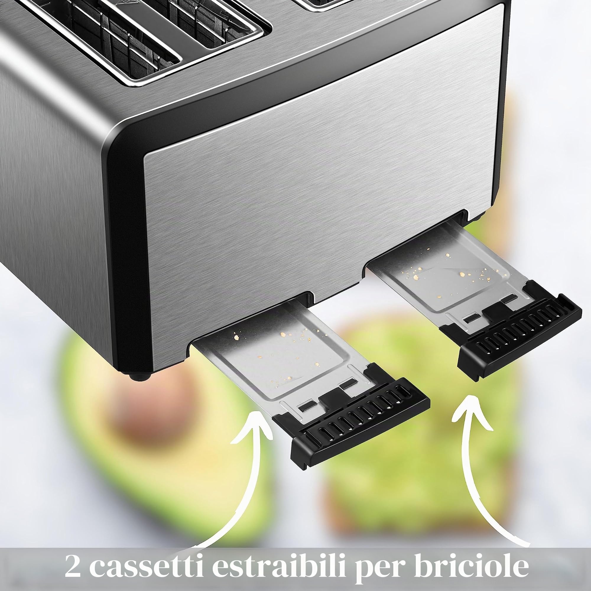 Tostapane XXL con 4 fessure per tostapane | 1600 Watt | 6 livelli | 2 x inserti per panini | funzione scongelamento | 2 x cassetti per briciole | acciaio inox | 4 strati | display LED