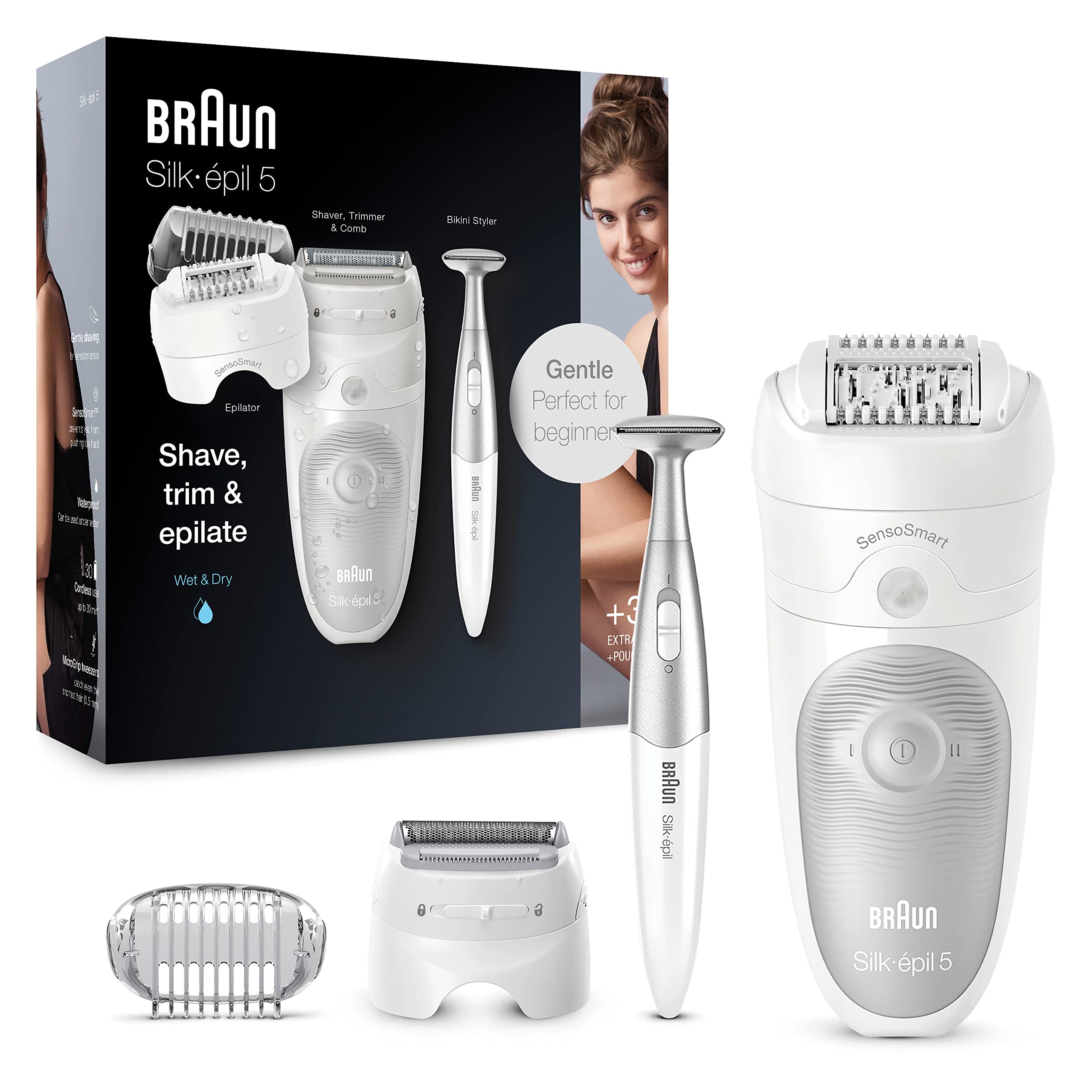 Braun Silk-épil 5 Epilierer Damen für Haarentfernung / Haarentferner, inkl. Bikinitrimmer (Haartrimmer Intimbereich), schwenkbarer Kopf, 5-805, weiß/grau