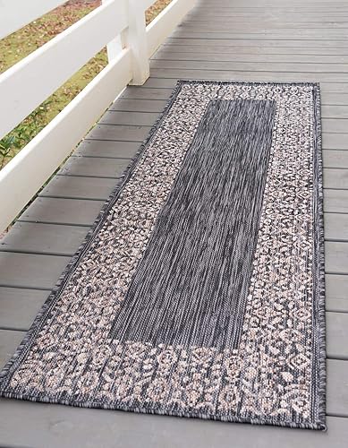 Unique Loom Outdoor Border Collection - Alfombra de área con borde floral (2 pies x 6 pies 1 pulgada, alfombra de pasillo, gris carbónbeige)