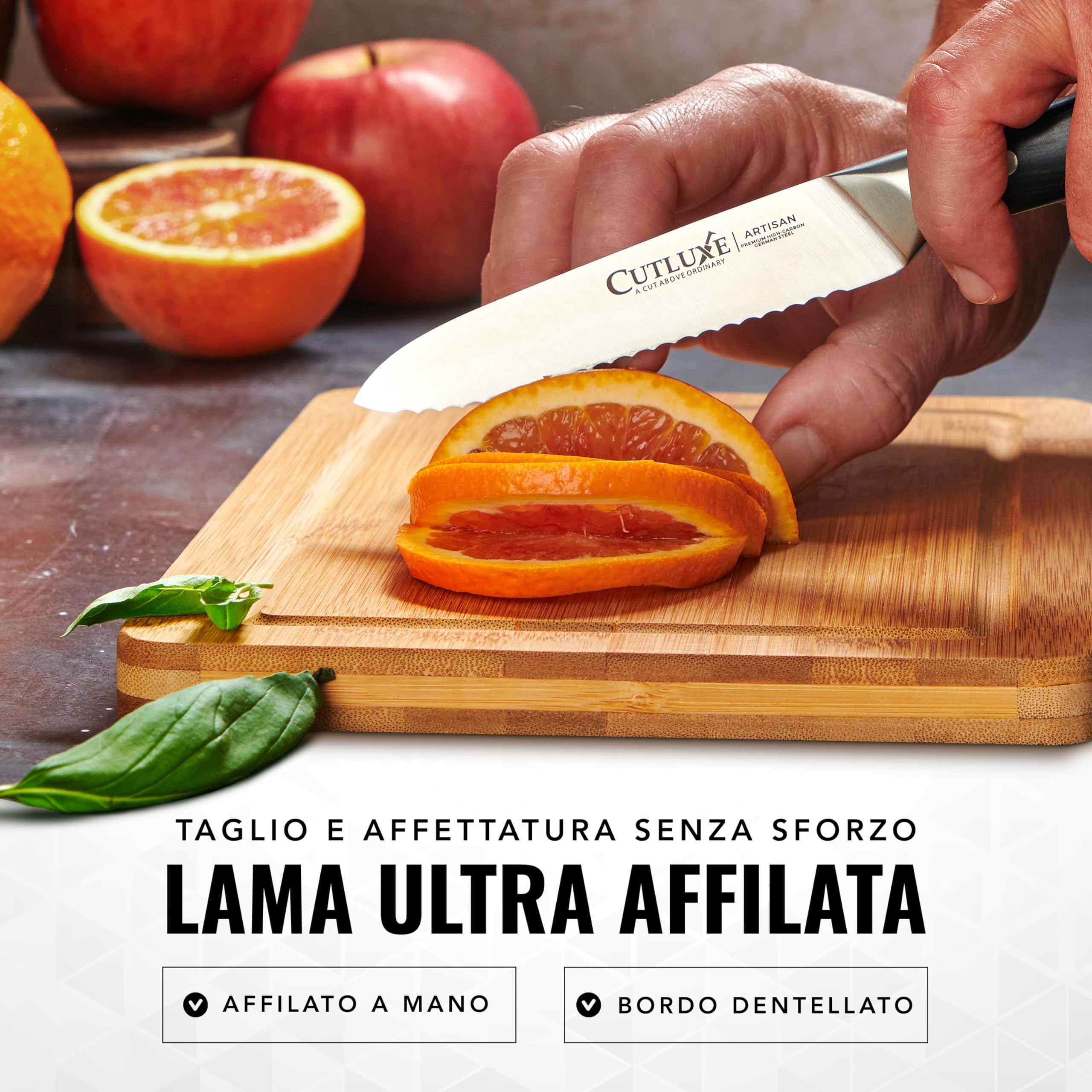 Cutluxe Seghettato Coltello Universale - 13 cm Coltello da Cucina Professionale - Coltello Pomodoro - Coltello Verdure - Acciaio Tedesco al Carbonio Forgiato - Impugnatura Ergonomica - Serie Artisan