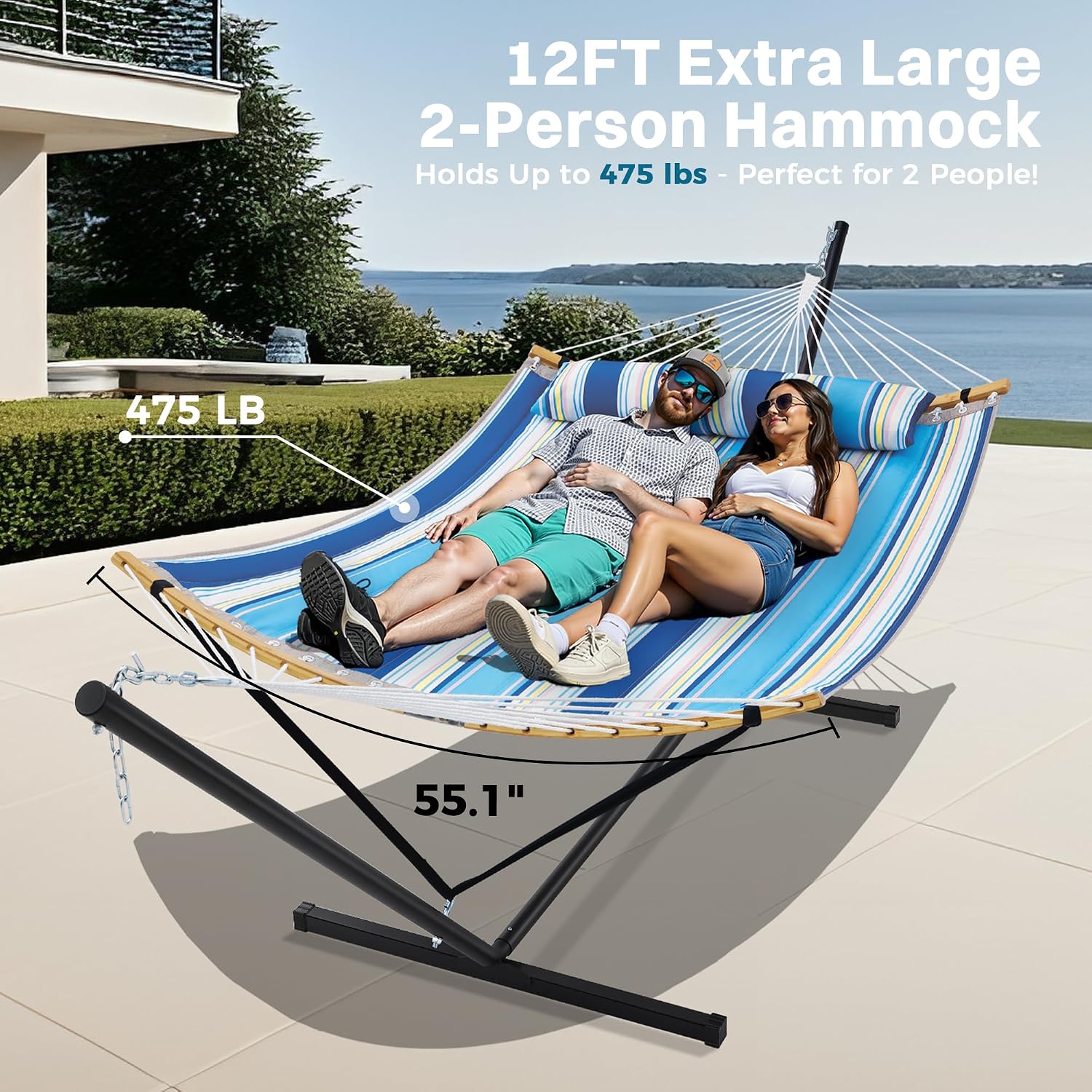 SUPERJARE Curved-Bar Hammock with Stand, 2 Person Heavy Duty Hammock Frame, Detachable Pillow & Portable Carrying Bag, Perfect for Outdoor & Indoor, Holiday Voyage Stripe