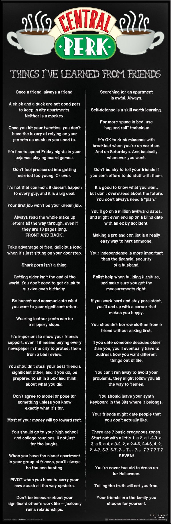 Culturenik Friends Things I Learned (Central Perk Cafe Menu) TV Television Show Poster Print, Framed 11.75x36