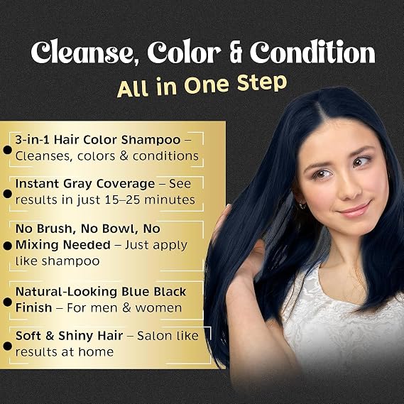 Herbishh Hair Color Shampoo - Magic Long-Lasting Hair Dye for Gray Hair Coloring in Minutes - 500 Ml - 3-In-1 Ammonia-Free Formula (Blue Black)