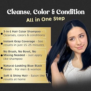 Herbishh Hair Color Shampoo - Magic Long-Lasting Hair Dye for Gray Hair Coloring in Minutes - 500 Ml - 3-In-1 Ammonia-Free Formula (Blue Black)