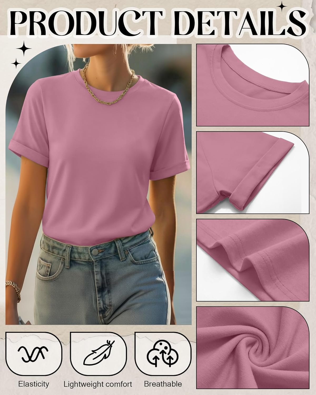 3 Pack Women's Short Sleeve T-Shirts Casual Crewneck Tops Basic Loose Fit Rolled Sleeve Tees Summer Plain Shirts - Image 5