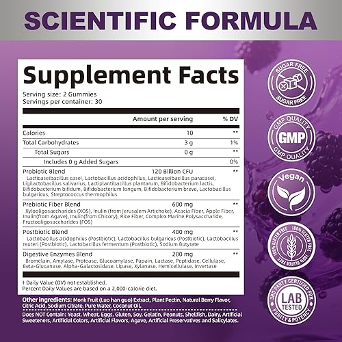 Miniatura 7 de Gomitas de probióticos pre post, 5 en 1 probióticos prebióticos posbióticos digestivos con fibra, 120 mil millones de CFU de probióticos para la