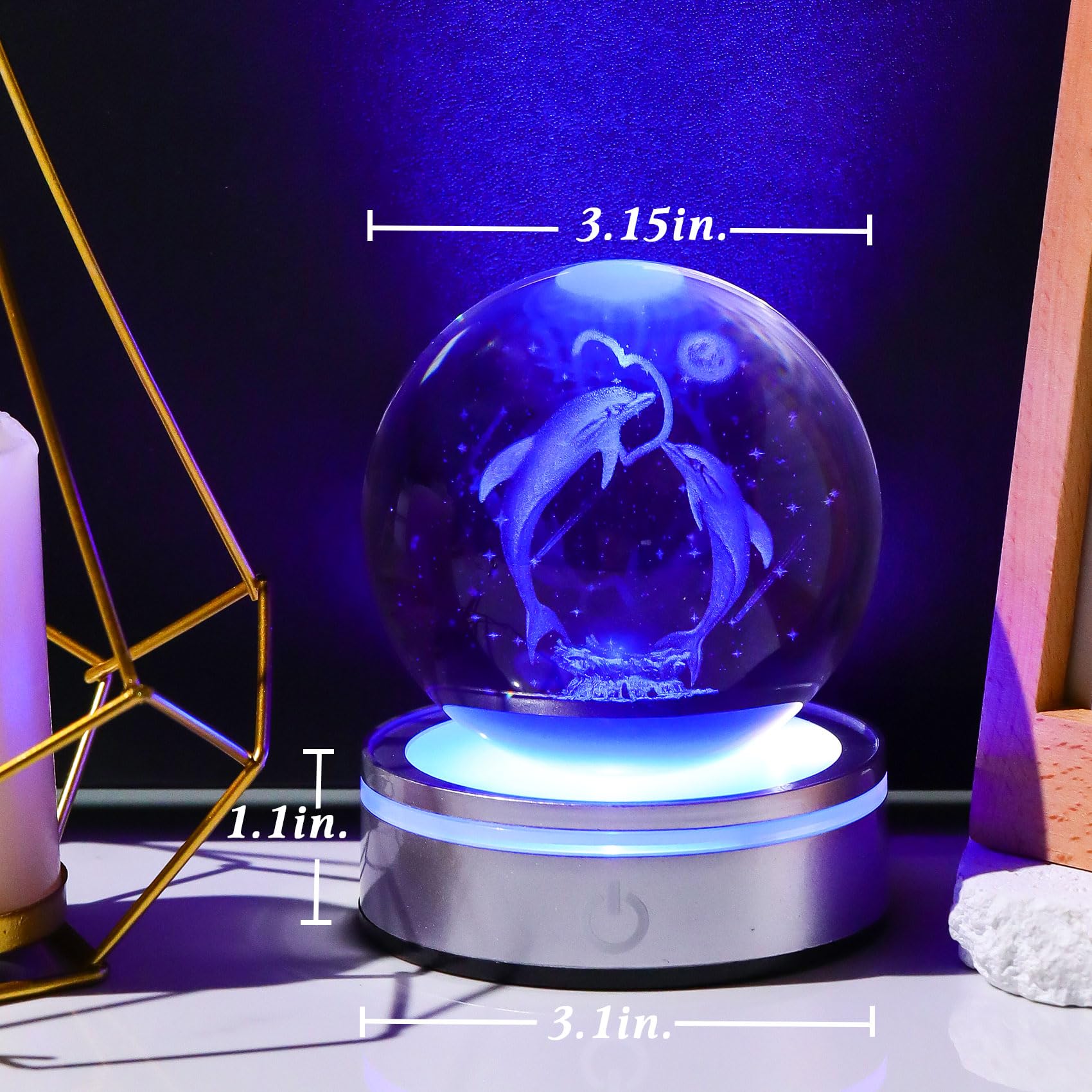 Movdyka Boules à neige en forme de dauphin en forme de cœur en forme de boule de cristal 3D pour décoration de maison ou de bureau - 8 cm