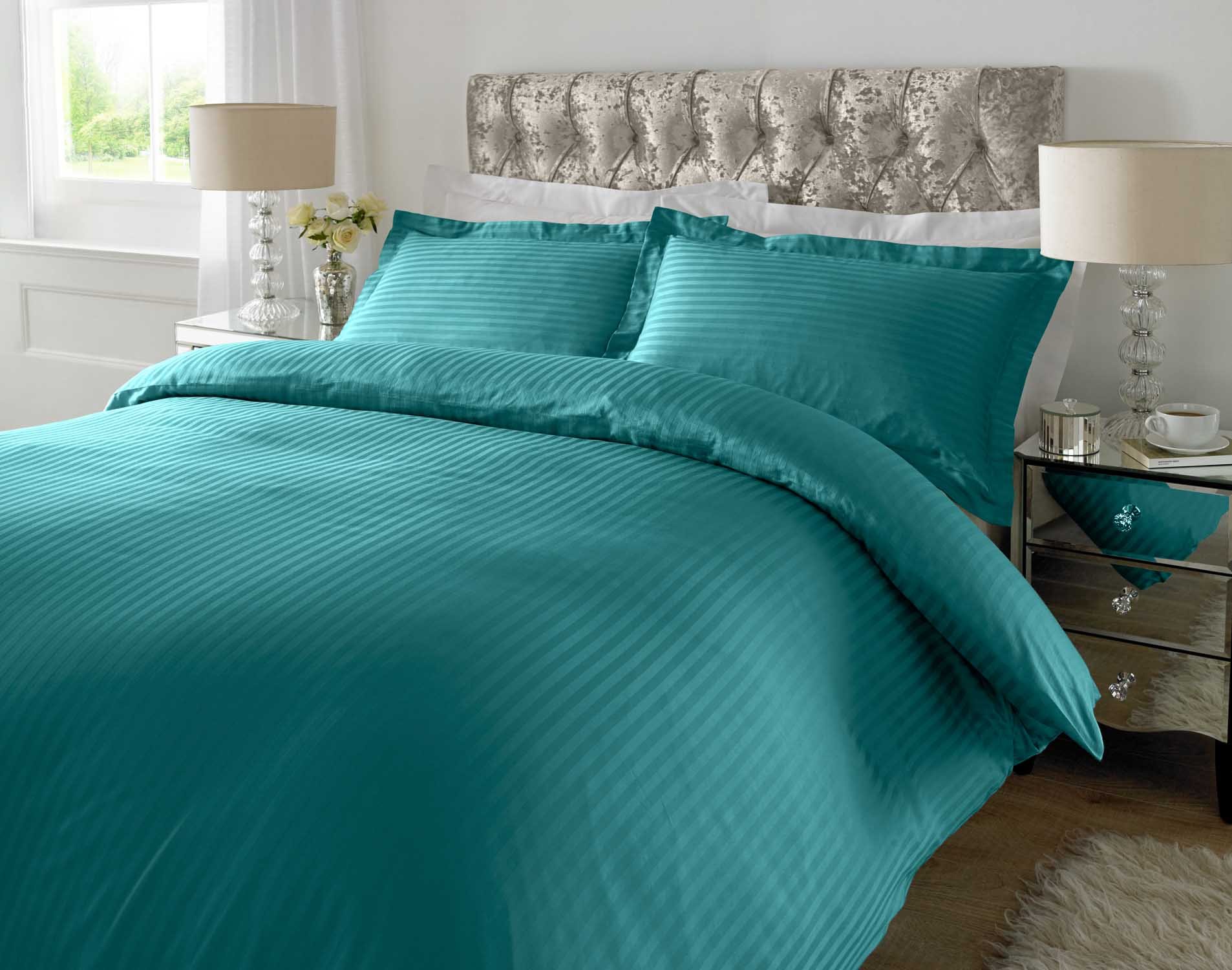 Clicktostyle Green T300 Egyptian Cotton Blue Slate Colour Double Size Satin Stripe Duvet Set Quilt Cover With Pillow Cases Bedding Set