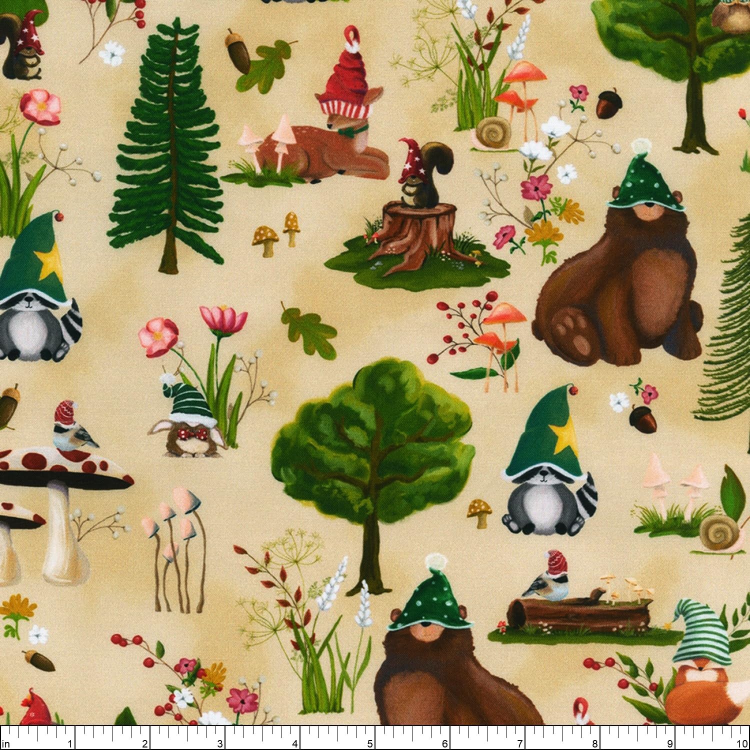 Robert Kaufman Gnomeland Critters Gnomes and Animals, Fabric by The yard (Natural)