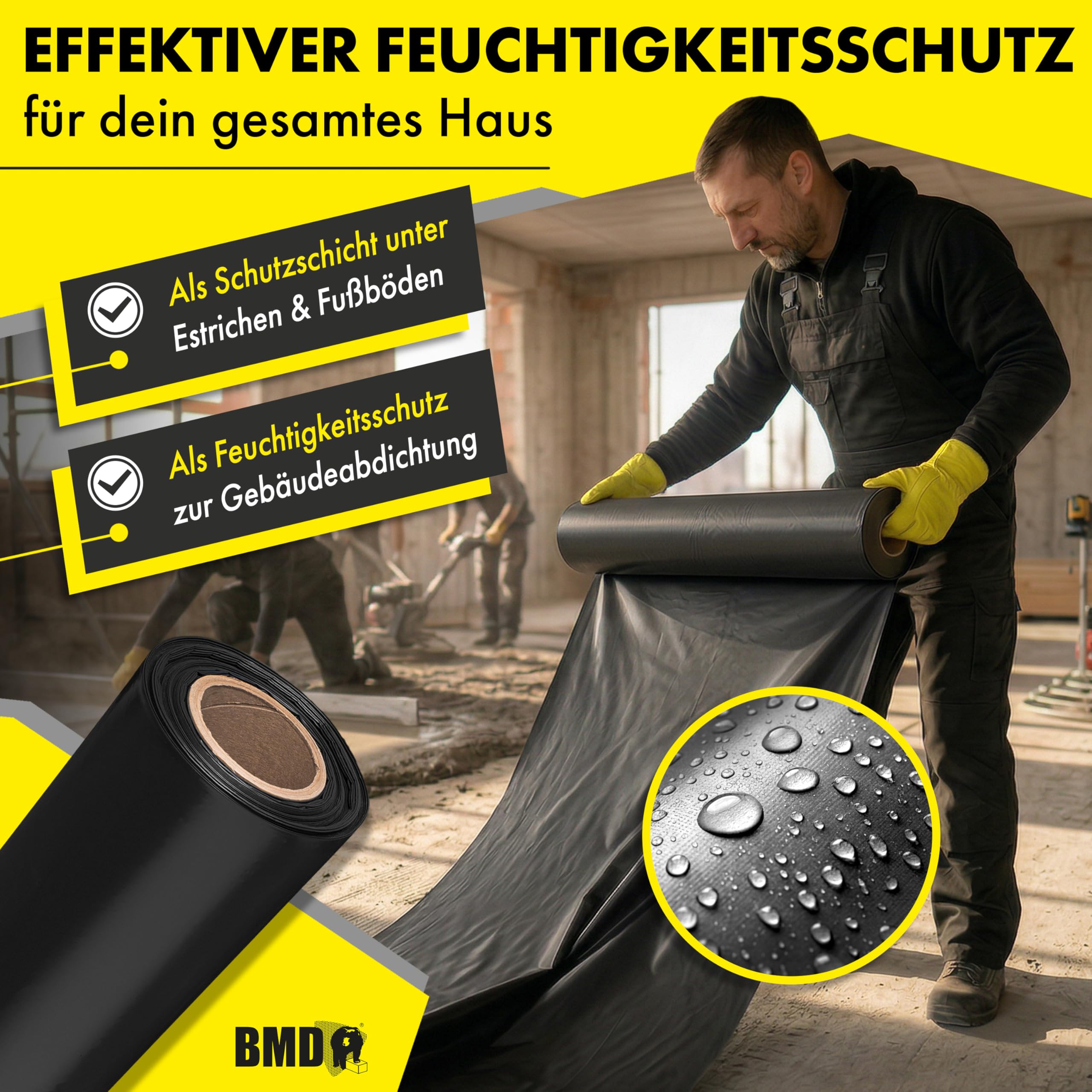 BMD Baufolie TYP 300 | 4m x 25m | 3 Größen | extra starke Estrichfolie | wasserfeste, schwarze Abdeckfolie | 100m² | reißfeste Schutzfolie und Abdeckplane