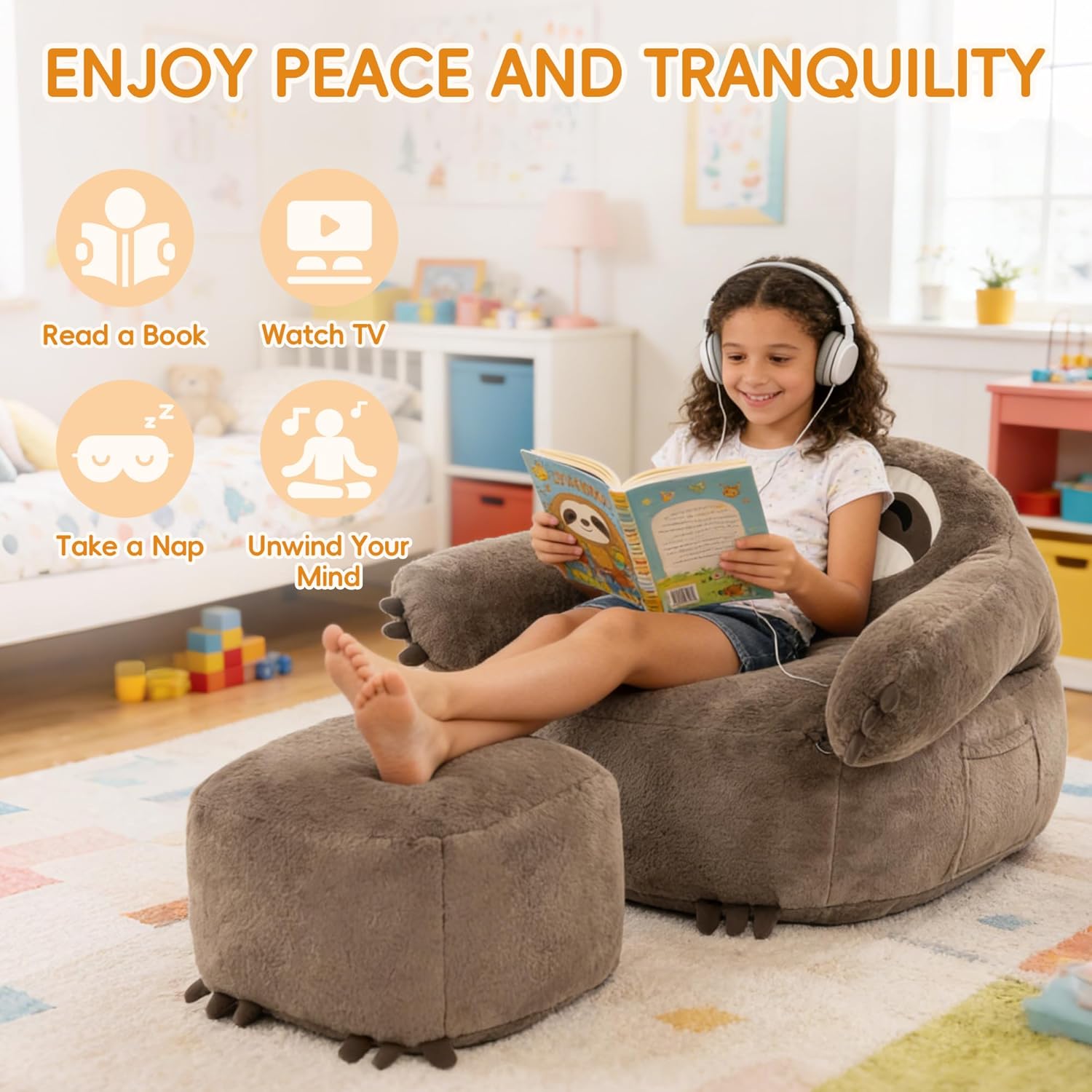 OUTREE Kids Sofa, Giant Sloth Design Bean Bag Chairs for Adults Teen with Sensory Needs, Adjustable Plush Armrest Like a Huggable, Soft Floor Sofa with Footstool‌ for Reading, Relaxing in Living Room