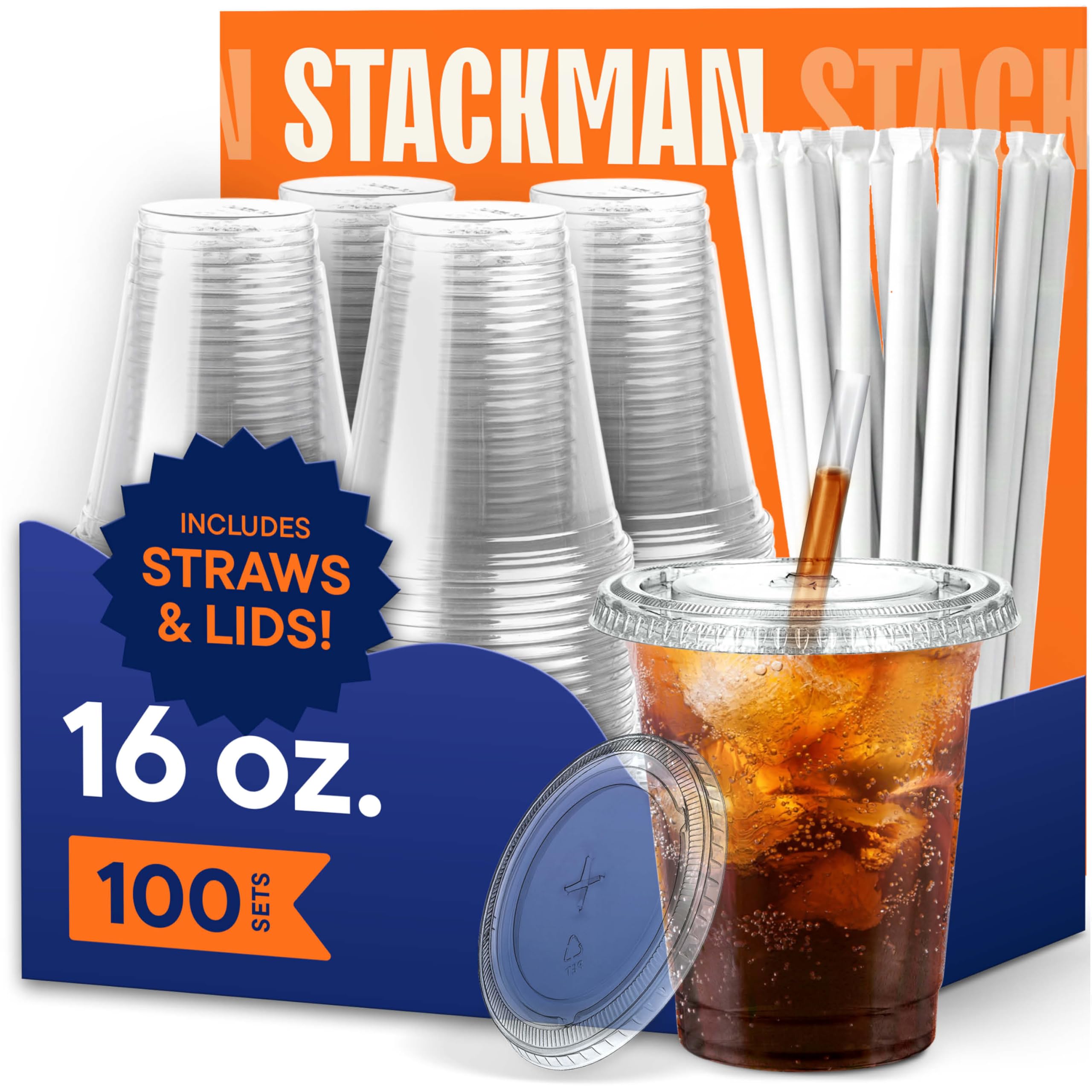 stack man clear plastic cups with lids and straws - 16 oz, 100 pack, disposable iced coffee cups for home baristas, 100% leak-proof snap-on lids, heavy-duty crack-resistant pet